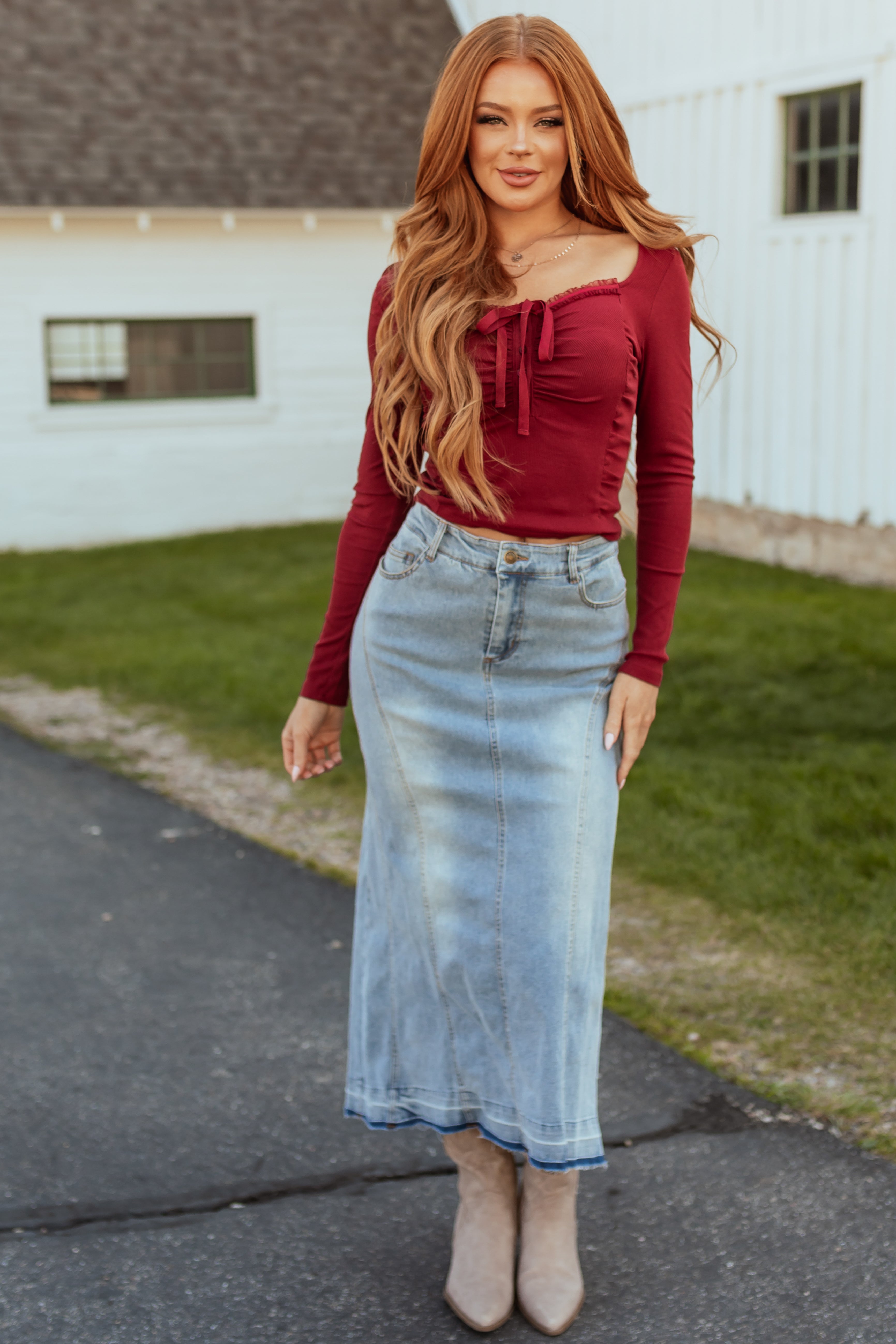 Medium Wash Denim High Low Maxi Skirt-Newayad