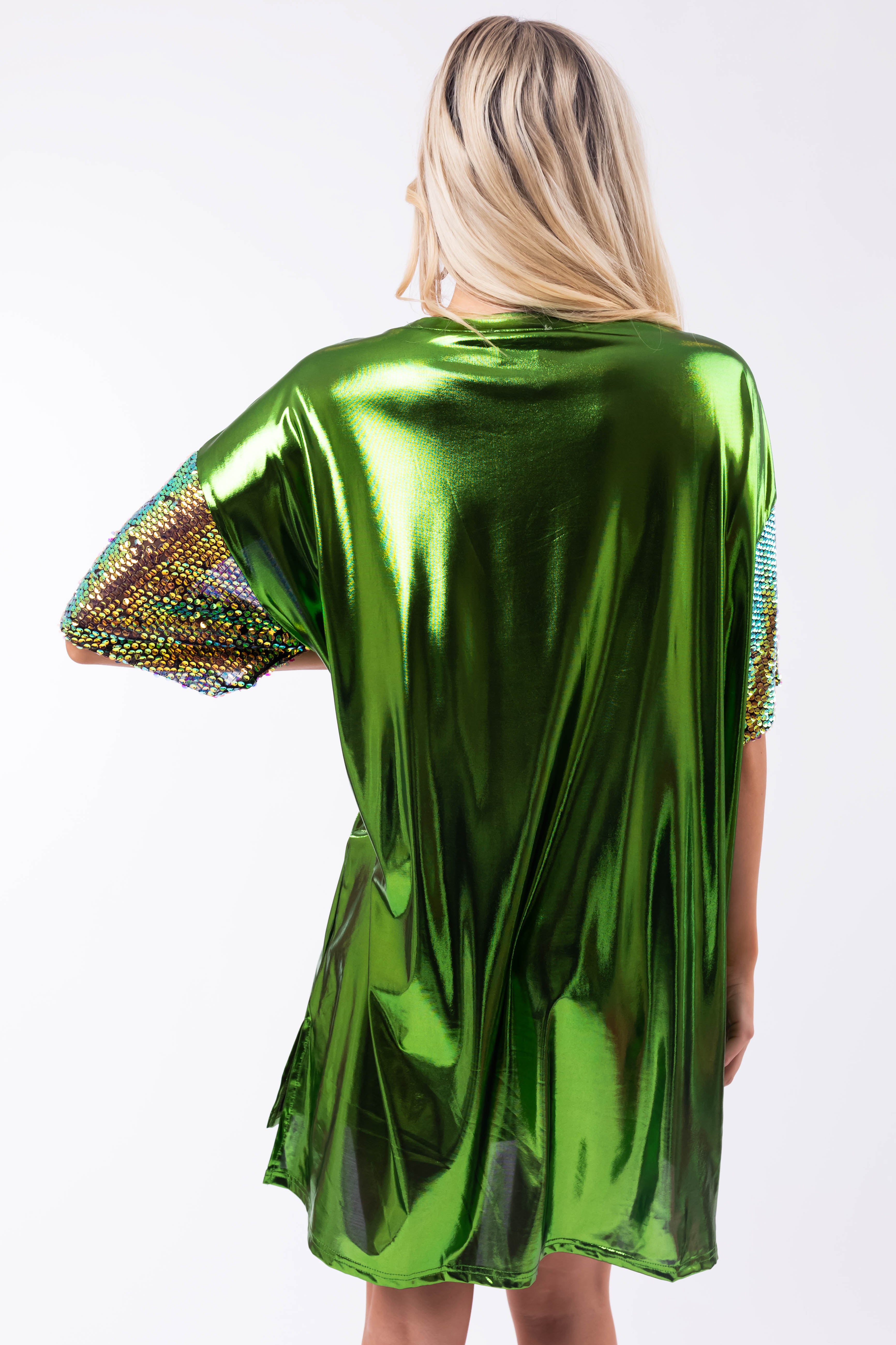 Metallic Shamrock Clover Sequin Tee Shirt Dress-Newayad