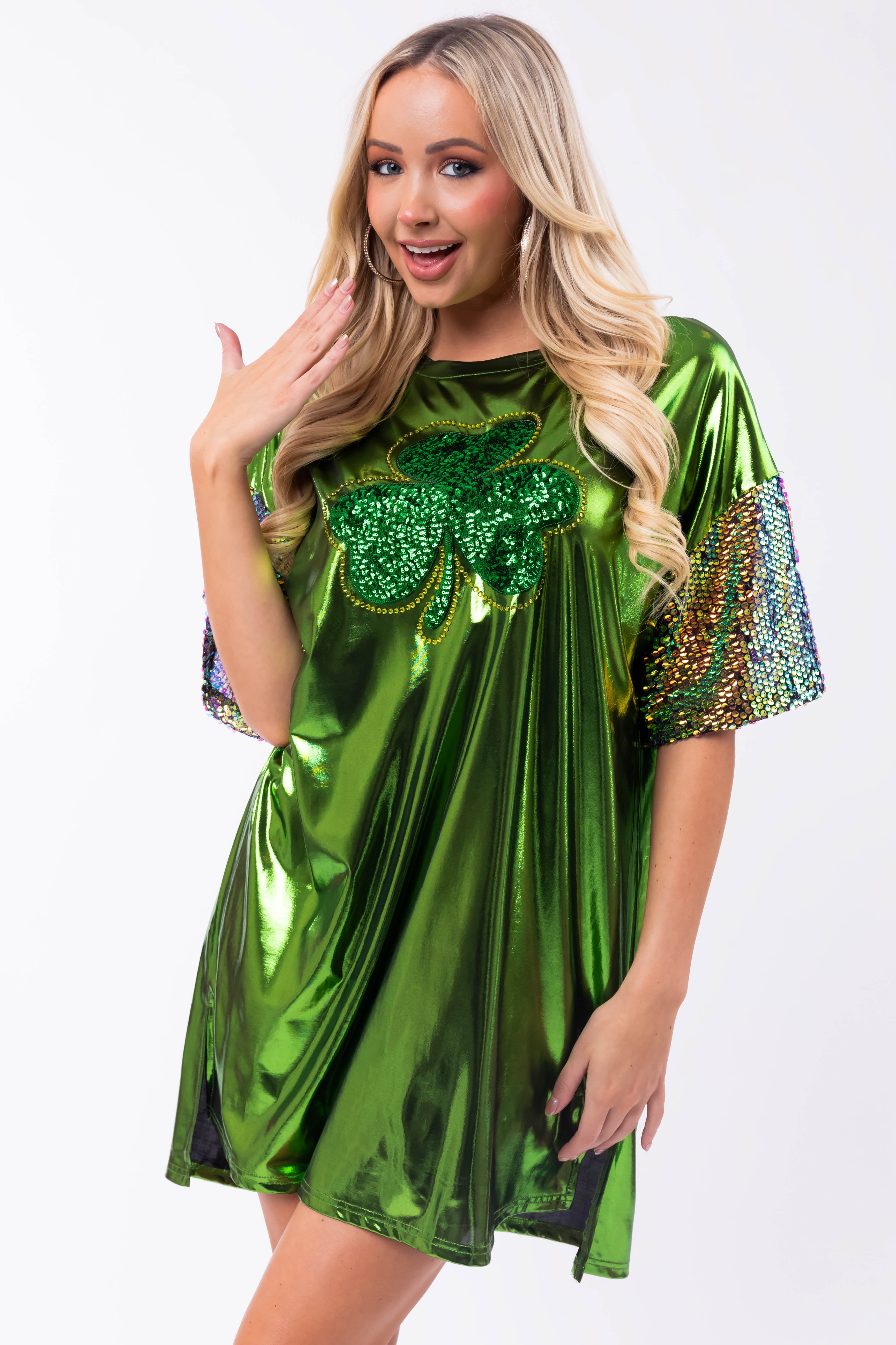 Metallic Shamrock Clover Sequin Tee Shirt Dress-Newayad