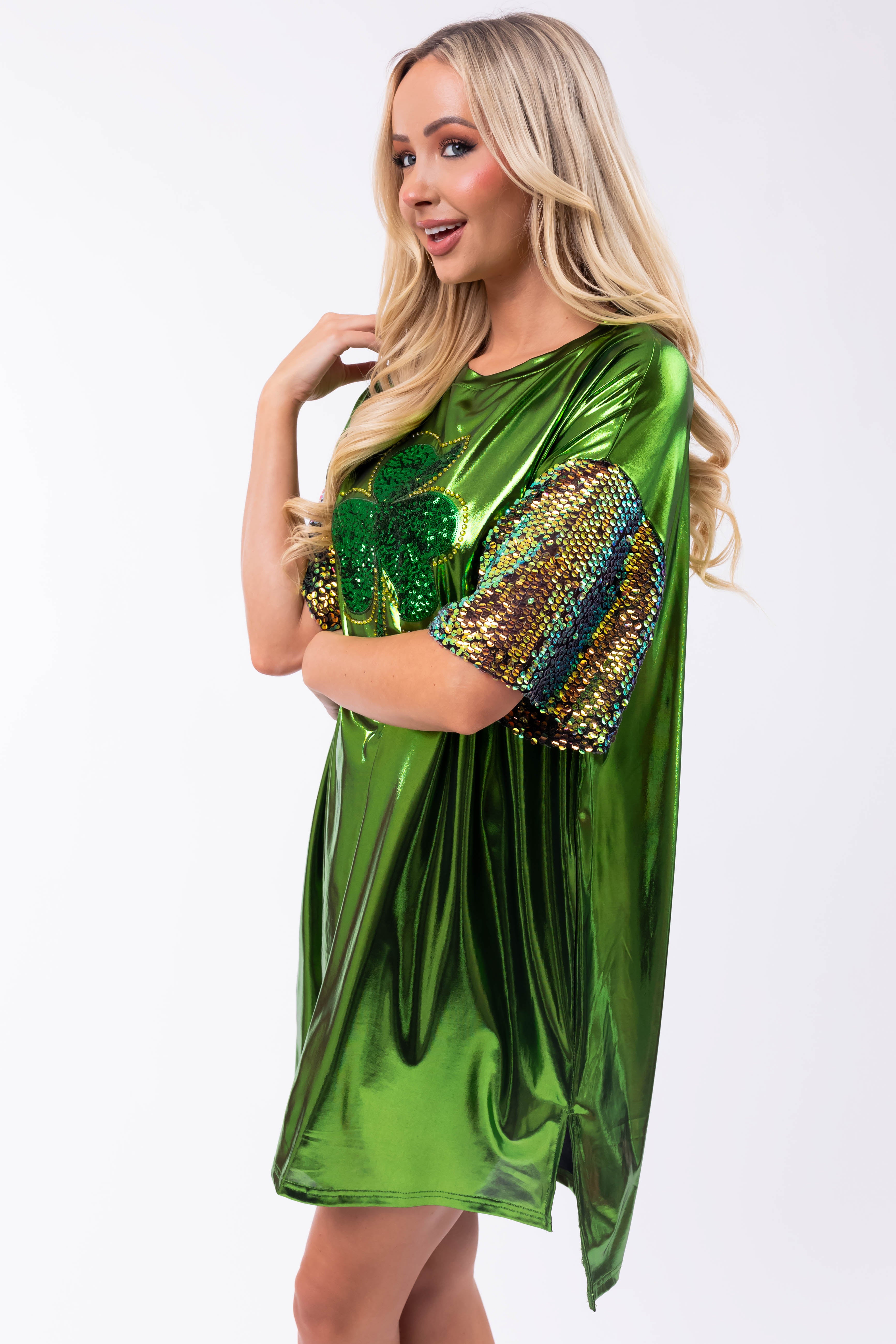 Metallic Shamrock Clover Sequin Tee Shirt Dress-Newayad