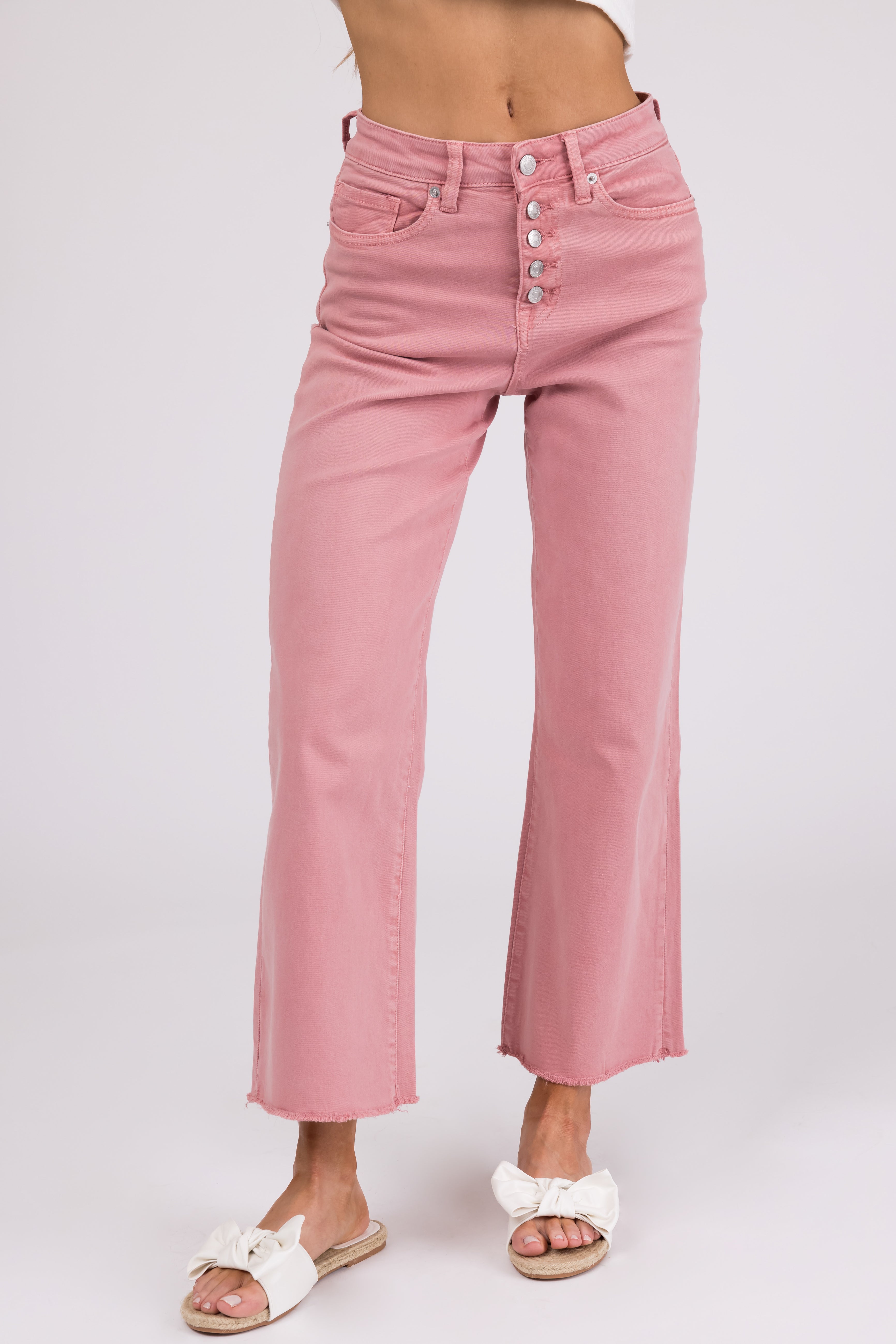 Mica Denim Baby Pink Wide Leg Button Fly Jeans-Newayad