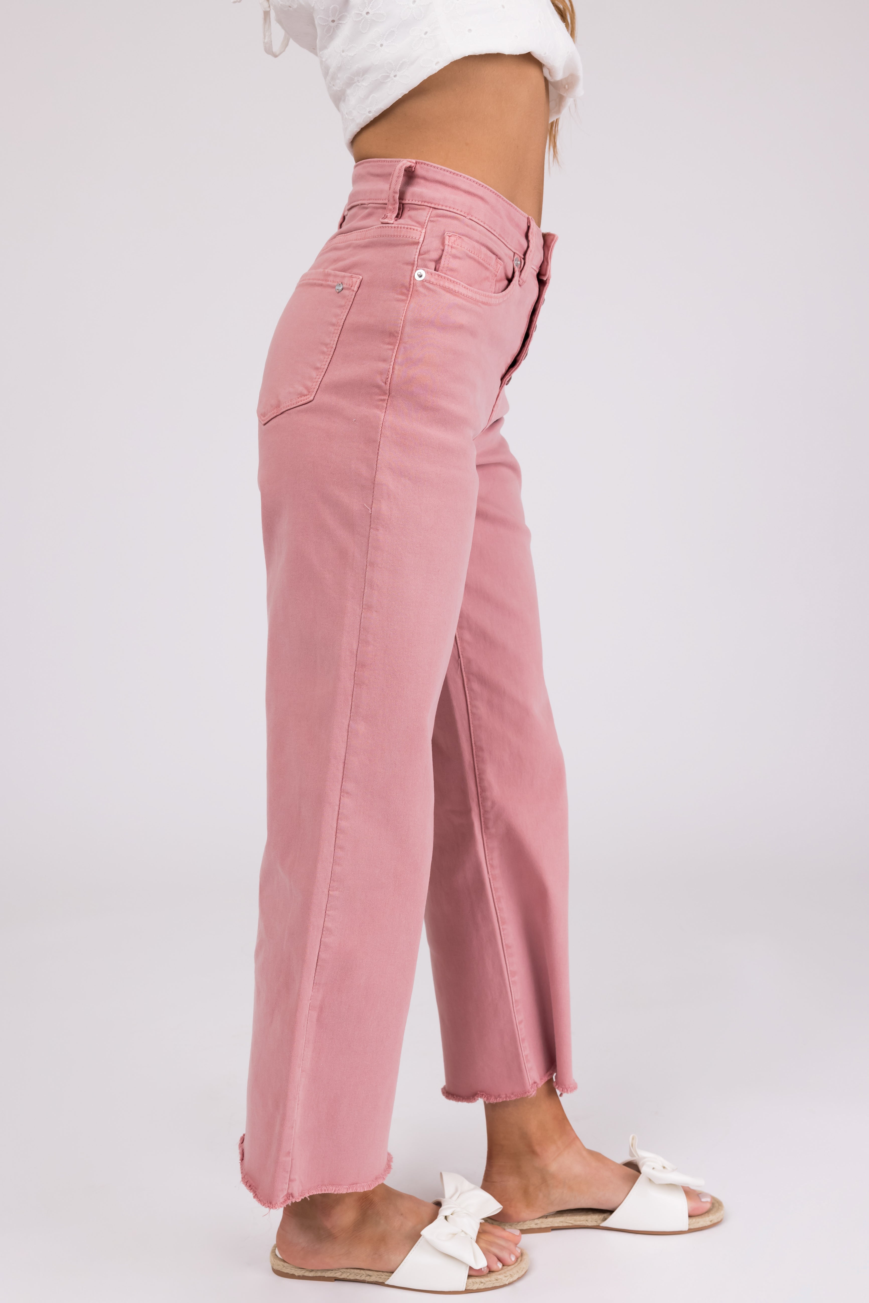 Mica Denim Baby Pink Wide Leg Button Fly Jeans-Newayad