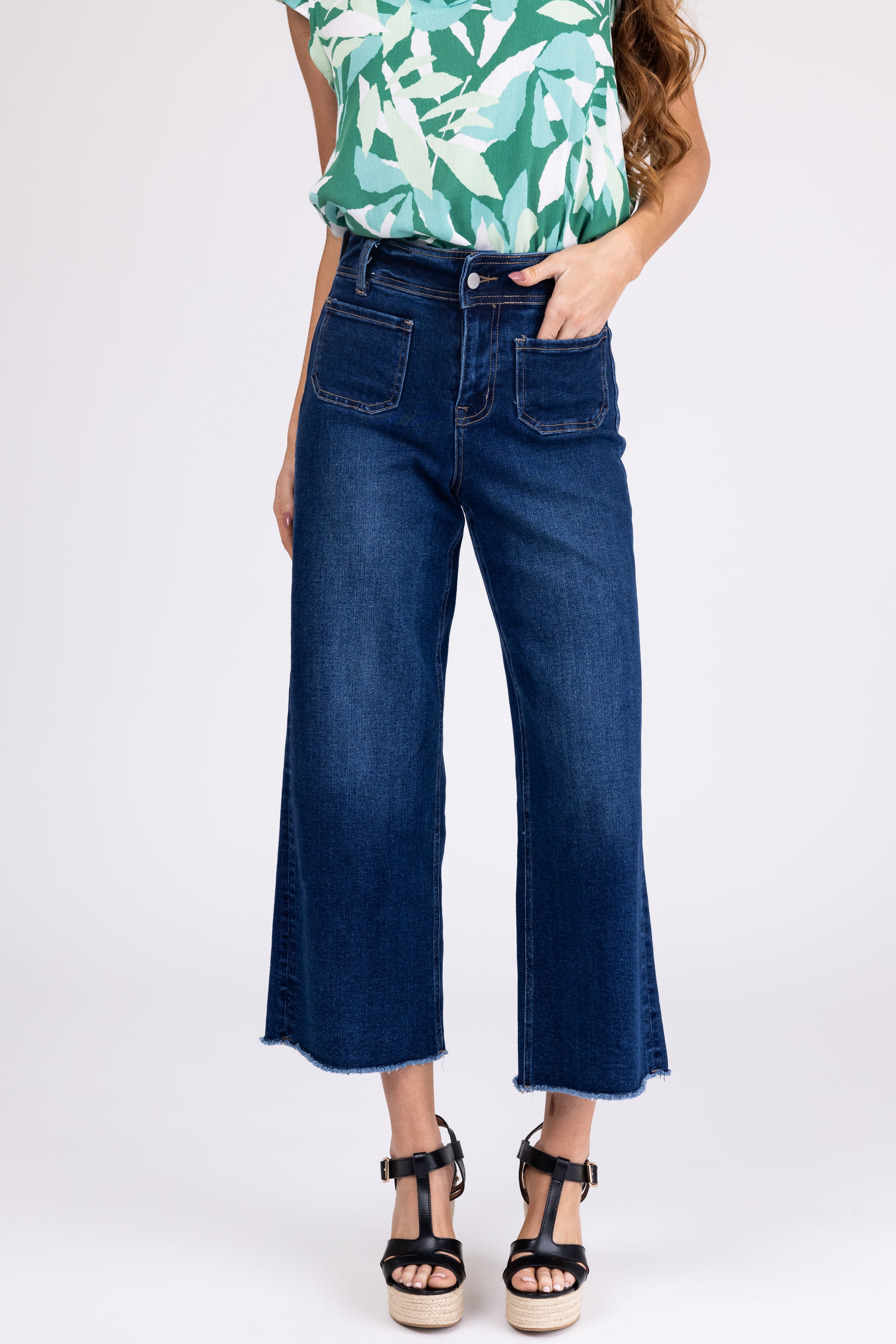Mica Denim Dark Wash Wide Leg Cropped Jeans-Newayad