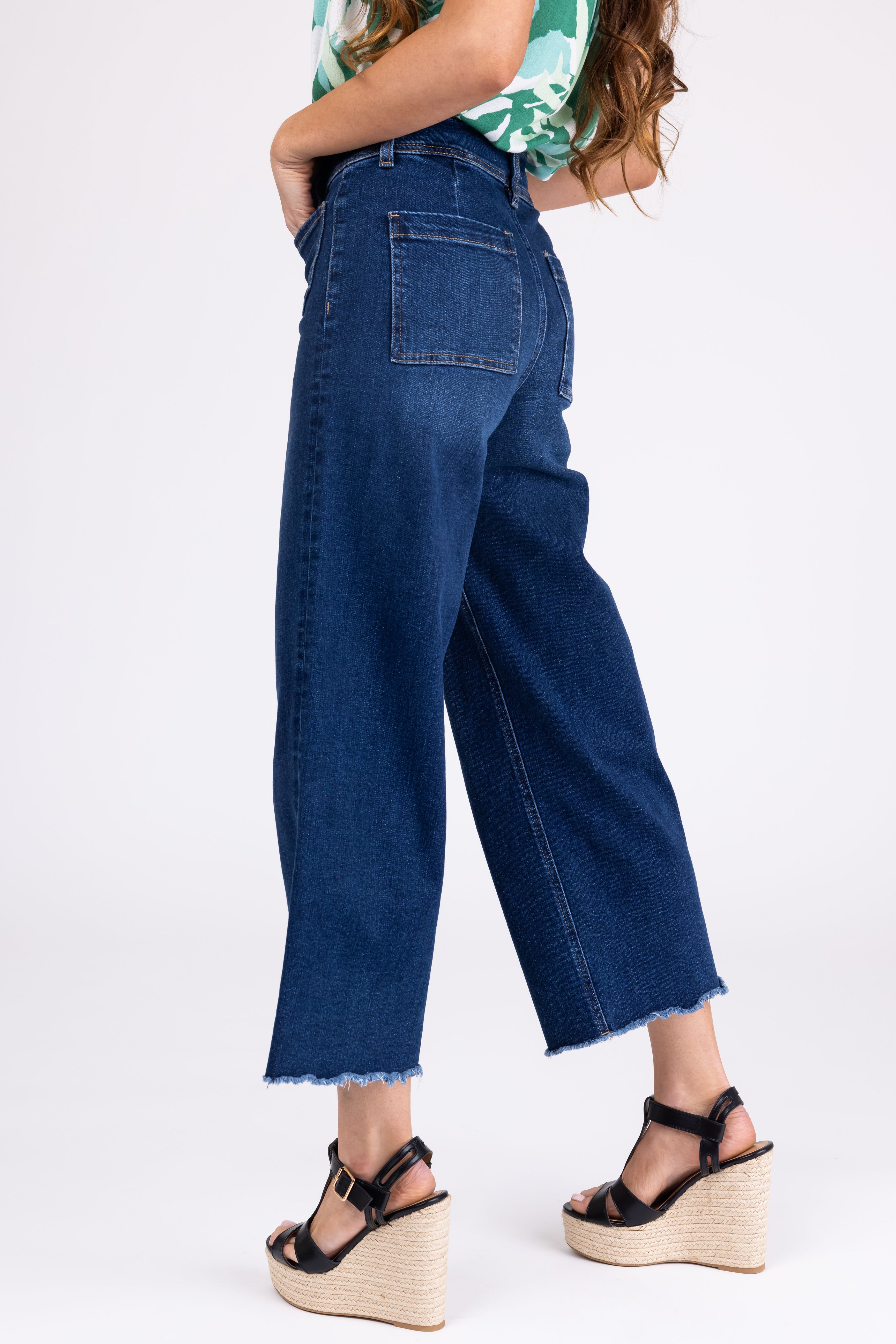 Mica Denim Dark Wash Wide Leg Cropped Jeans-Newayad