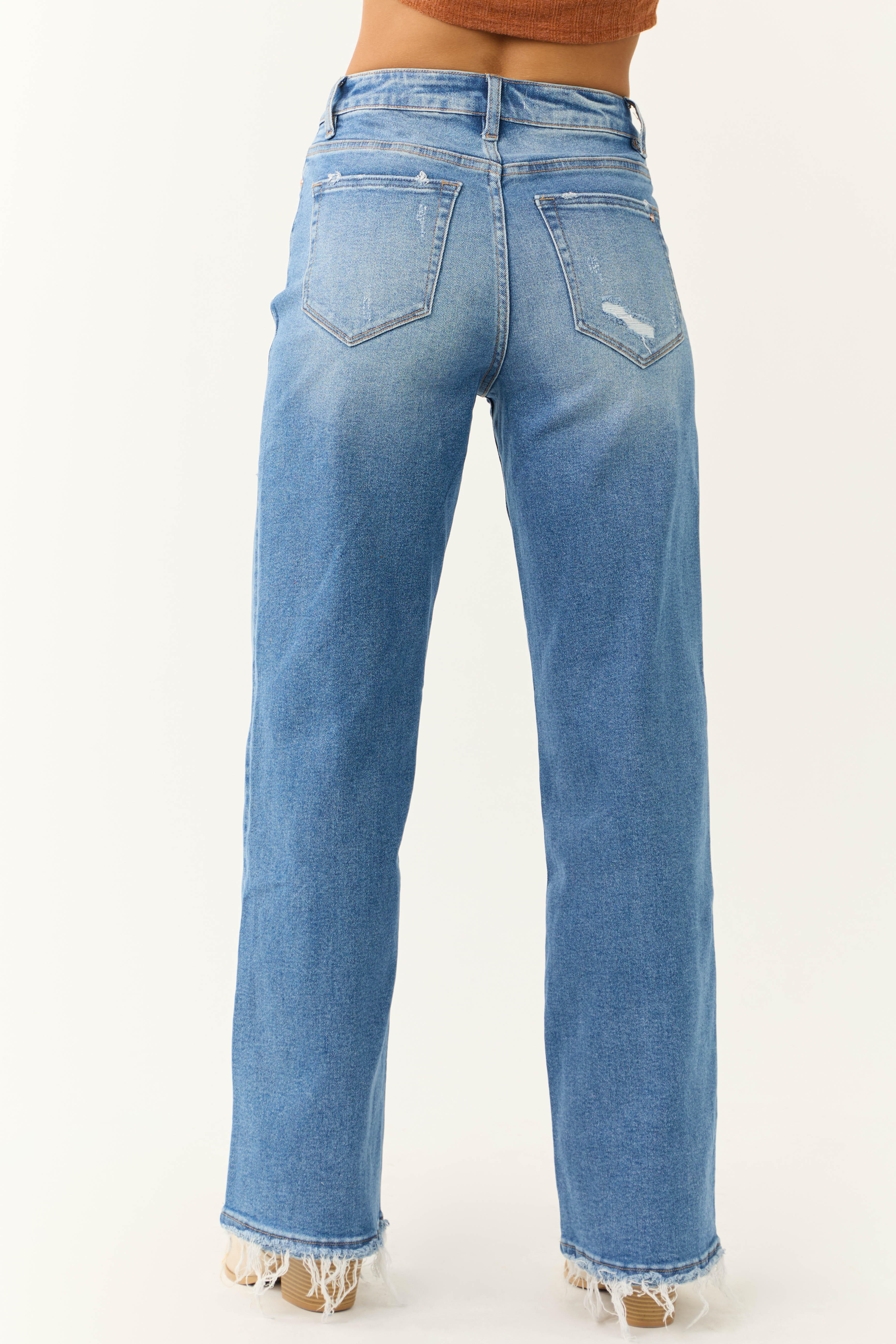 Mica Denim Medium Wash High Rise Wide Leg Distressed Jeans-Newayad