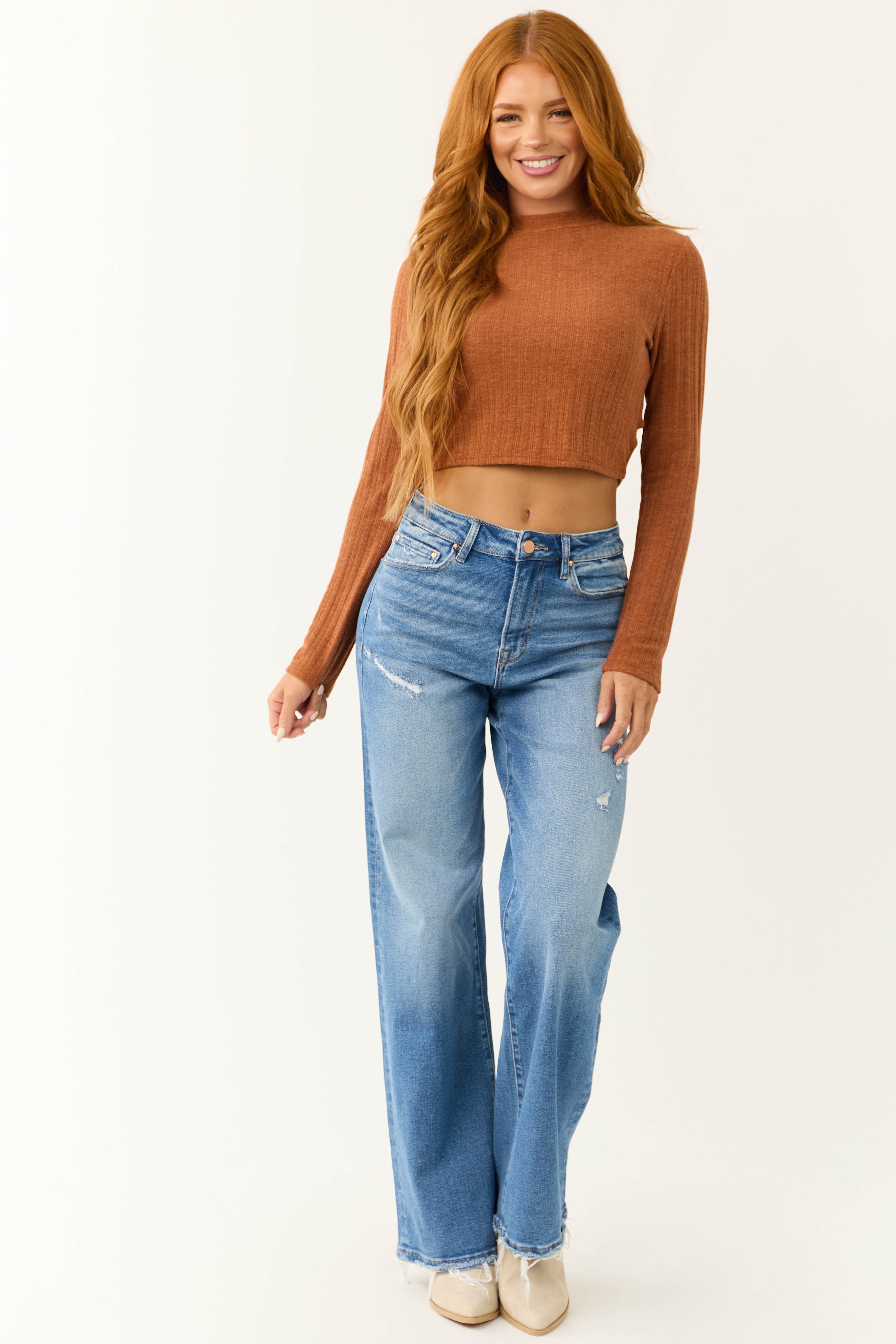 Mica Denim Medium Wash High Rise Wide Leg Distressed Jeans-Newayad