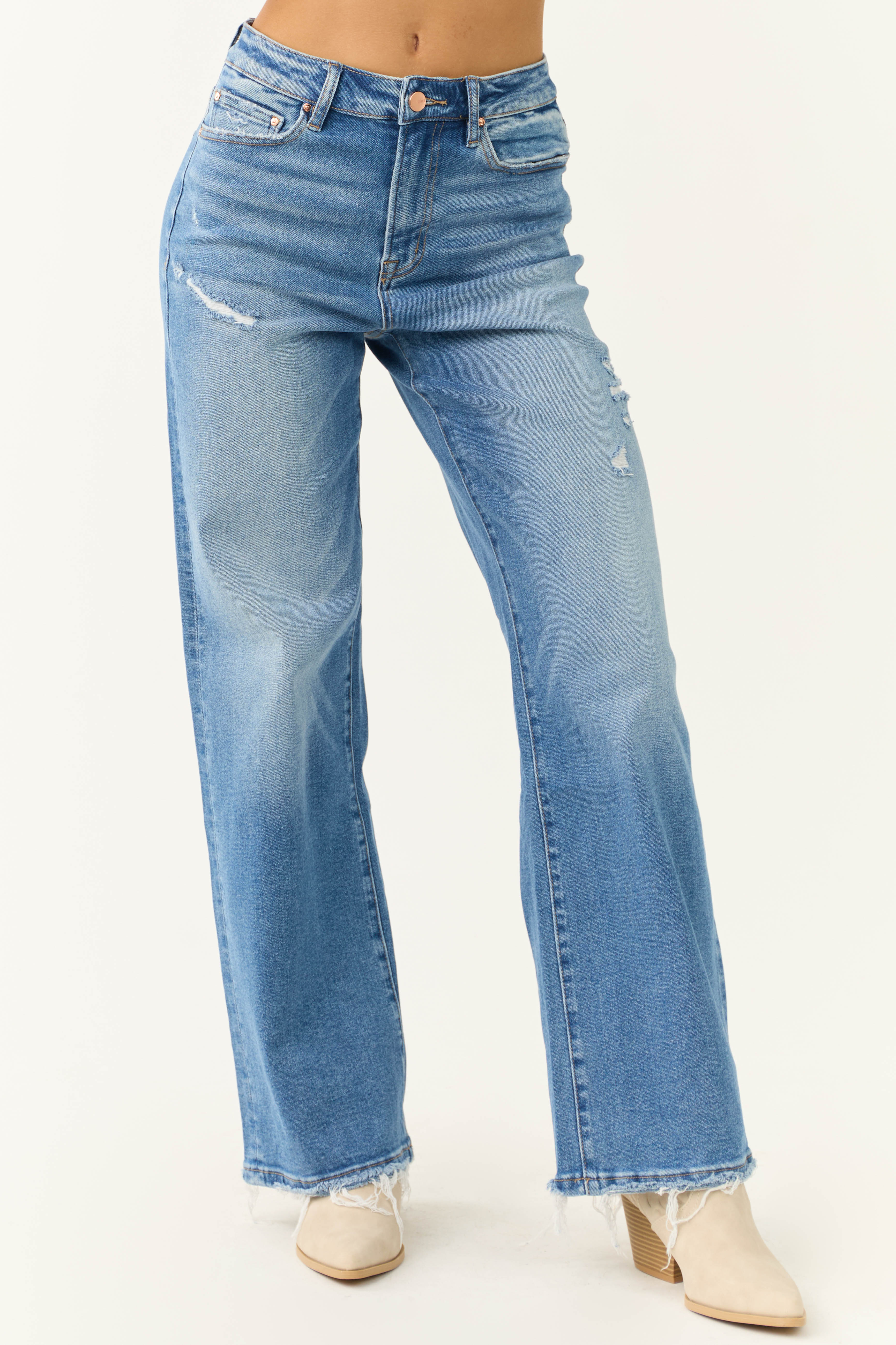 Mica Denim Medium Wash High Rise Wide Leg Distressed Jeans-Newayad