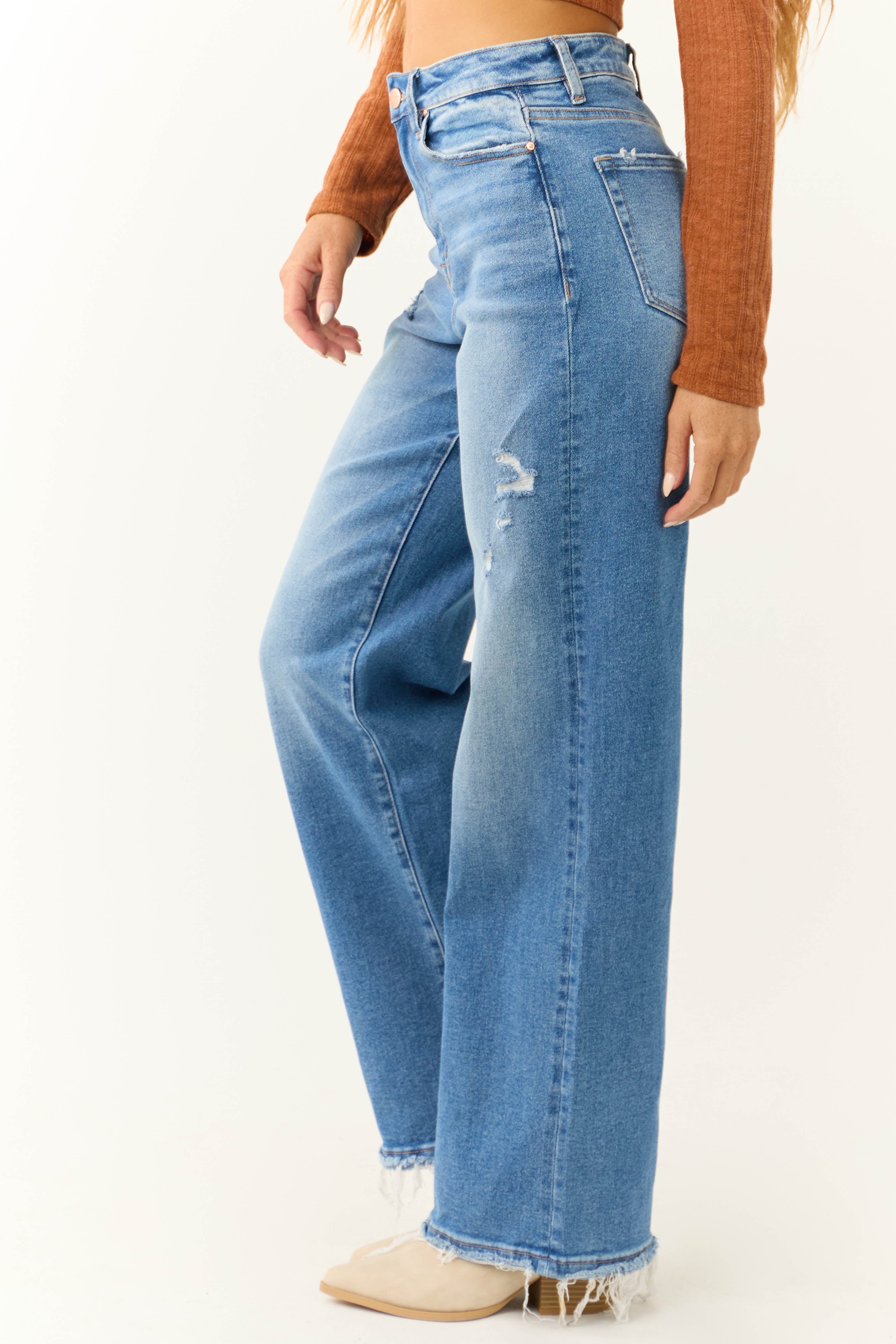 Mica Denim Medium Wash High Rise Wide Leg Distressed Jeans-Newayad