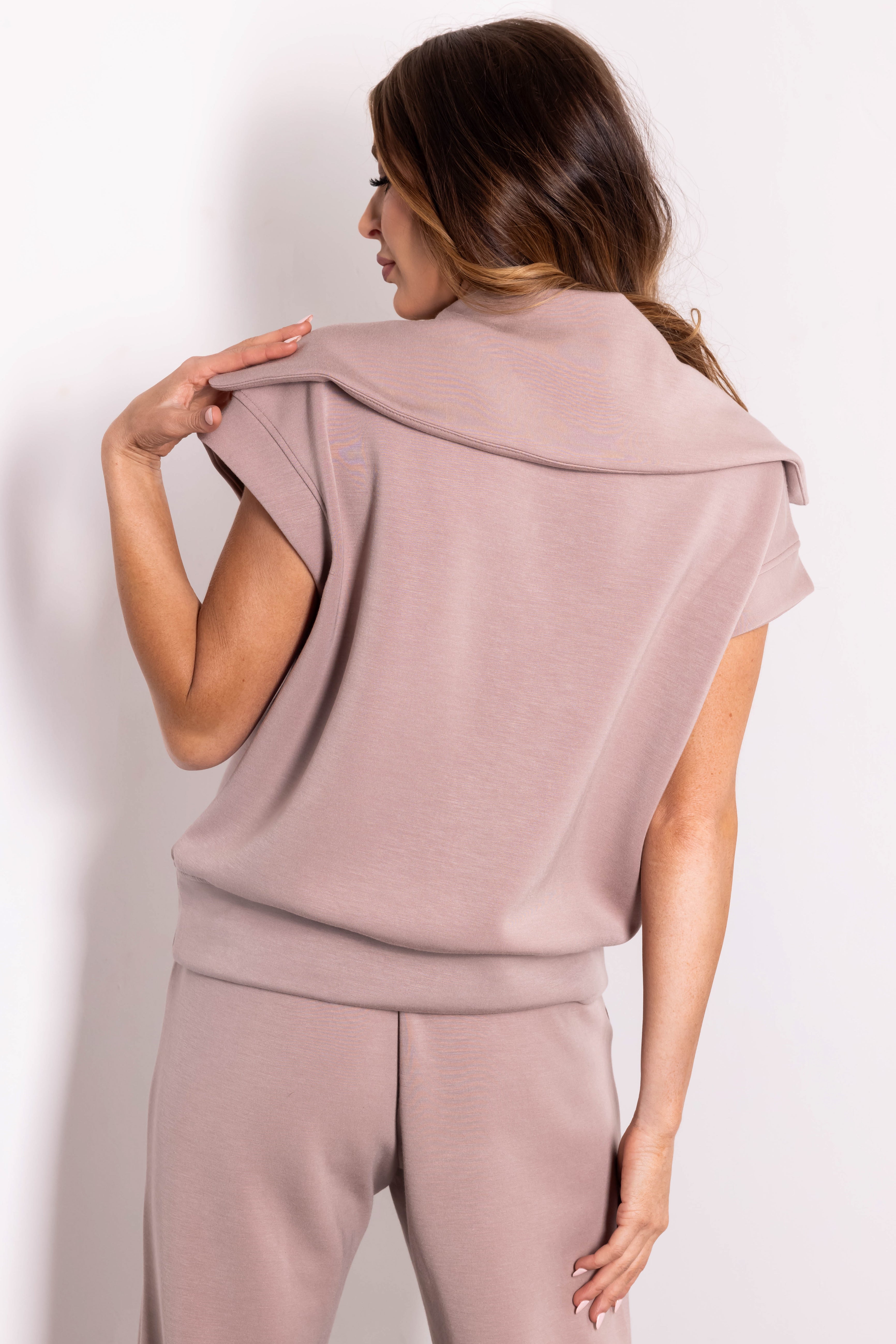 Mocha Half Zip Up Cap Sleeve Collared Soft Top-Newayad