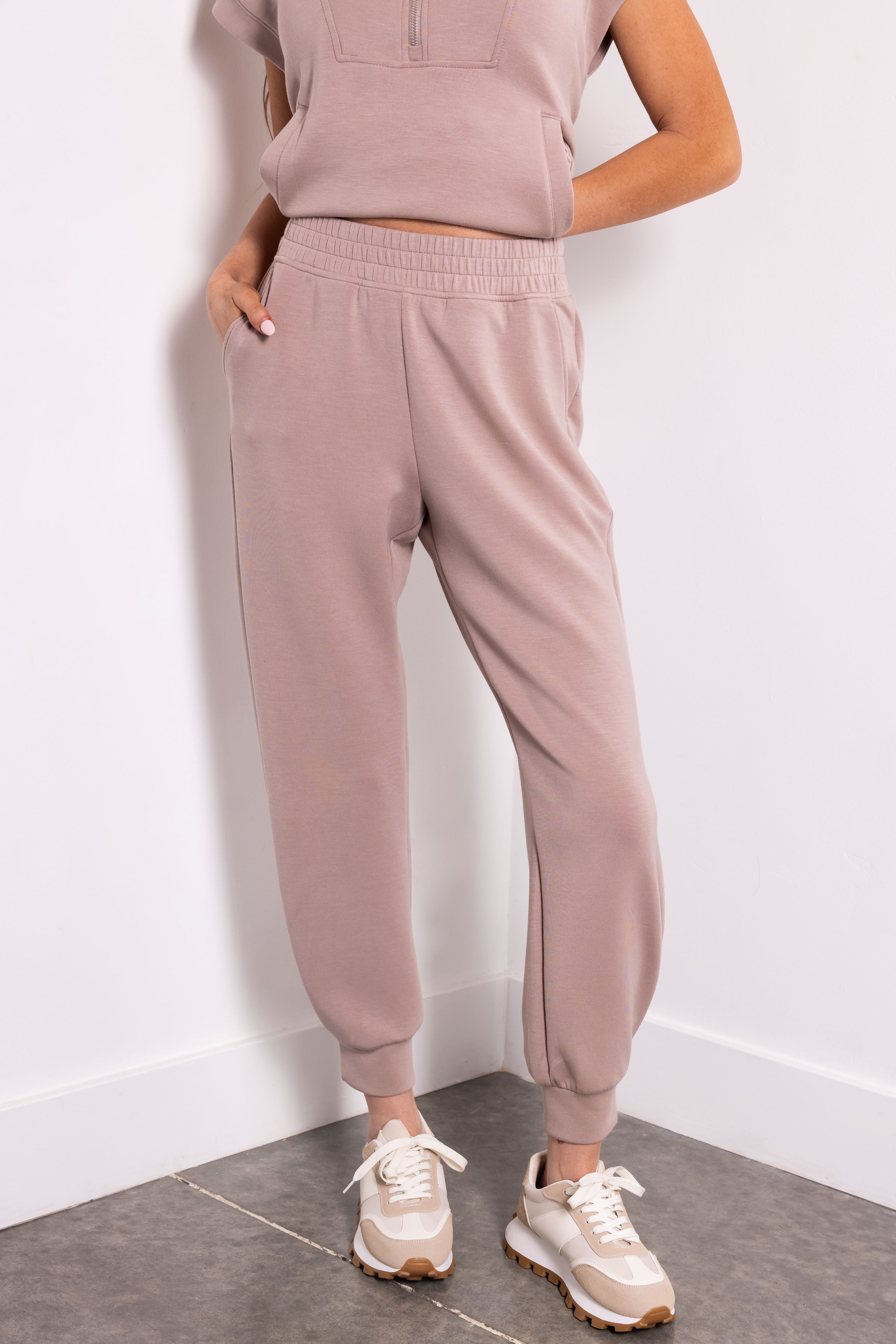 Mocha Smocked Waistband Soft Knit Joggers-Newayad