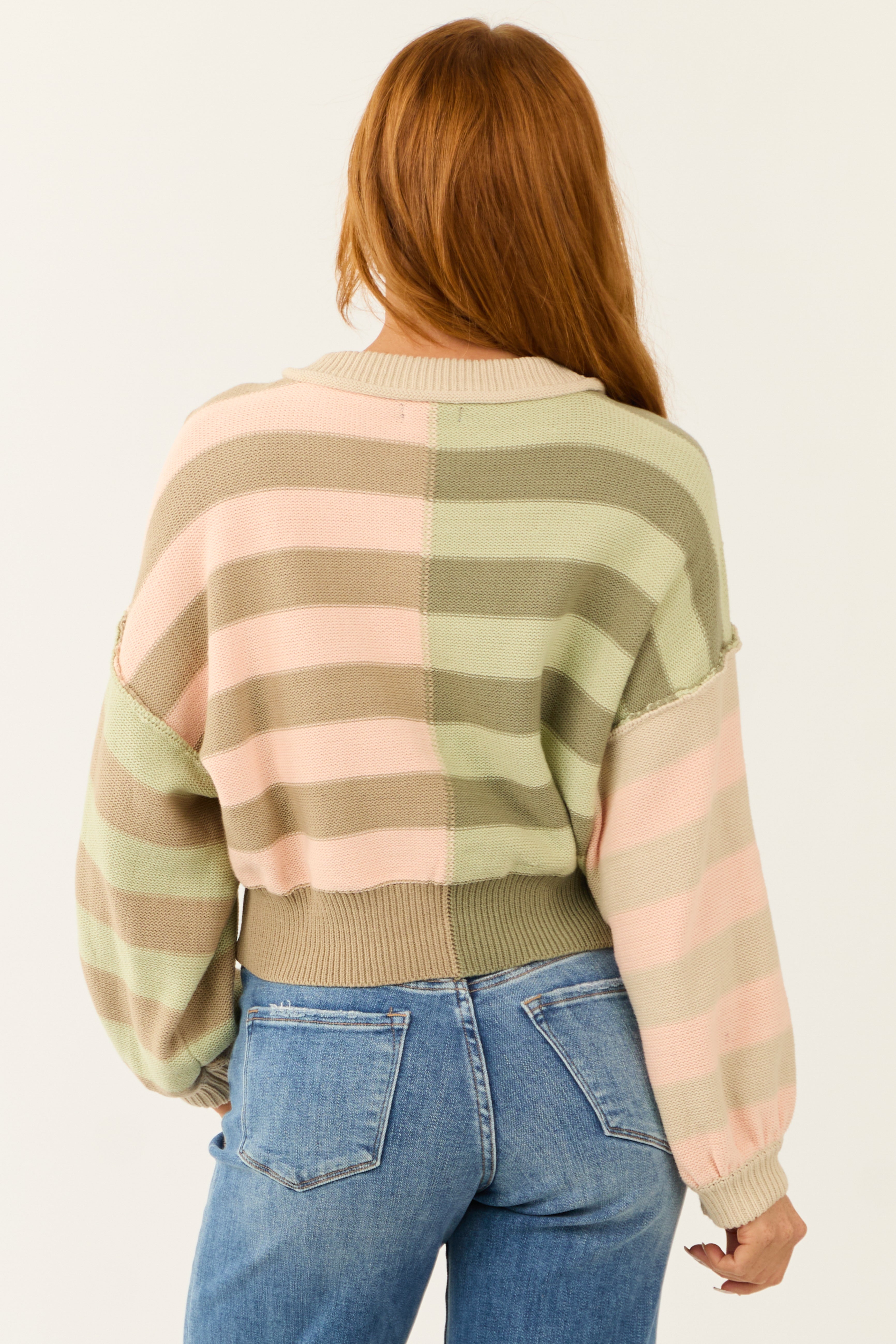 Multicolored Colorblock Stripe Cropped Sweater-Newayad