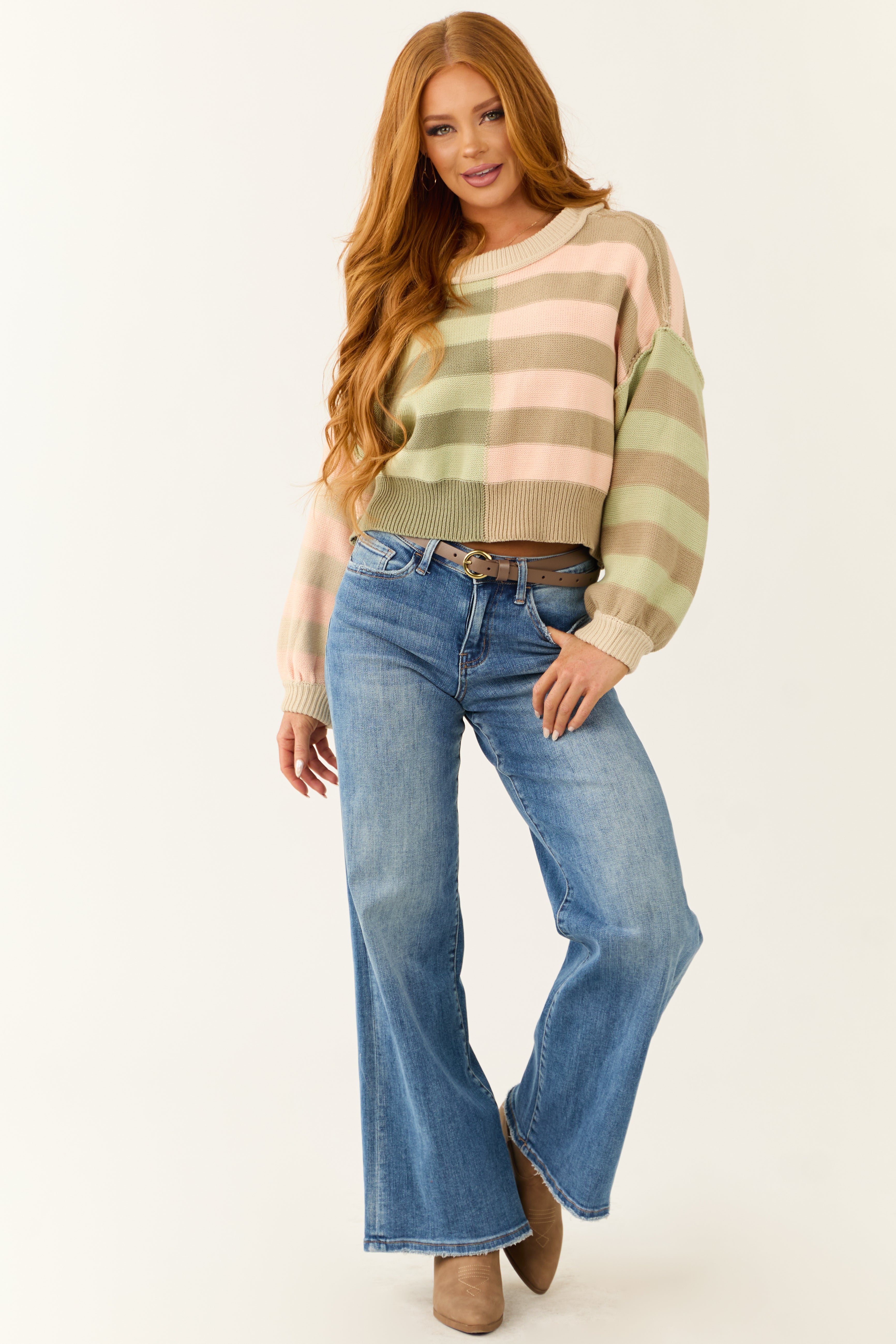 Multicolored Colorblock Stripe Cropped Sweater-Newayad