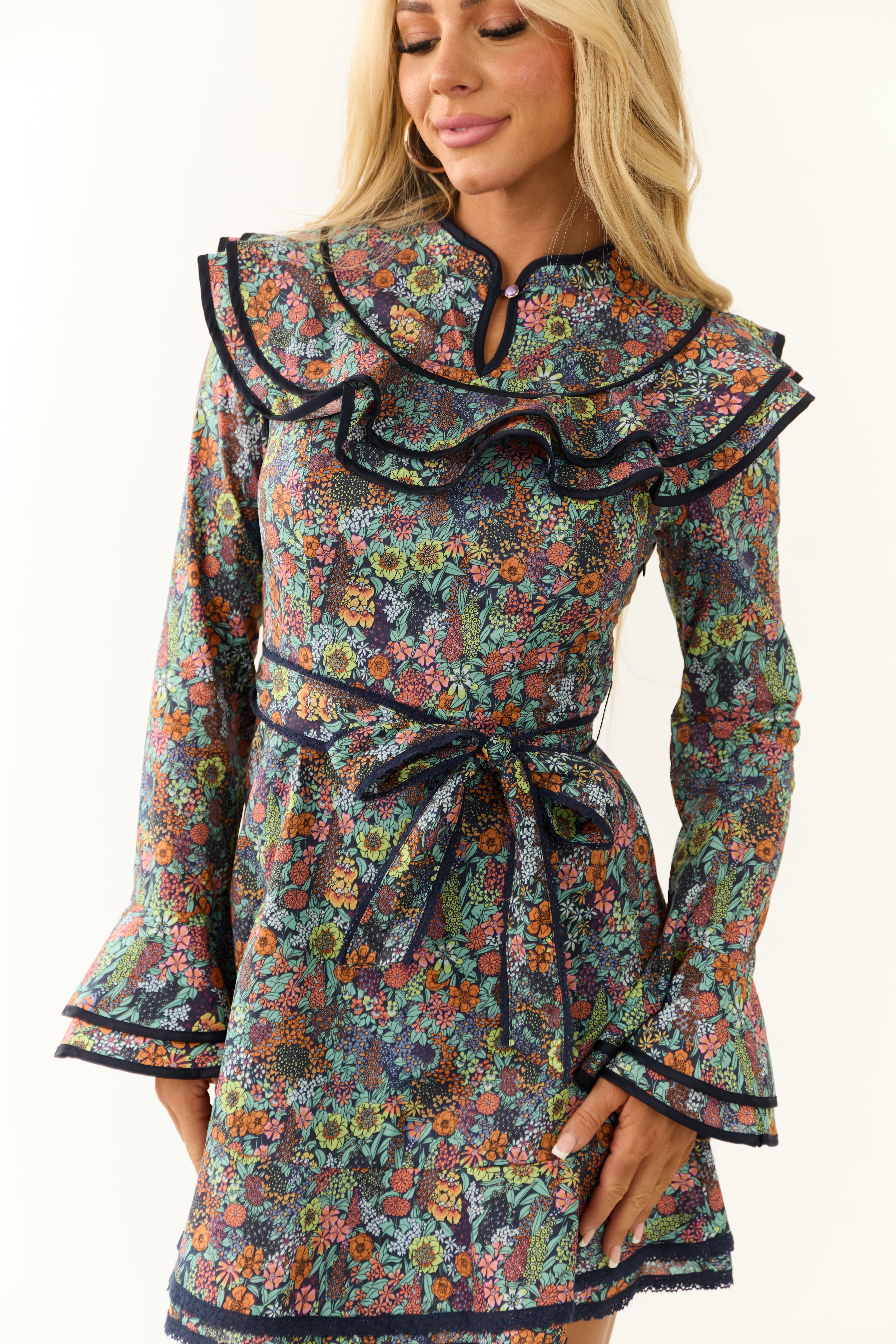 Navy Floral Print Tiered Ruffle Trim Short Dress-Newayad