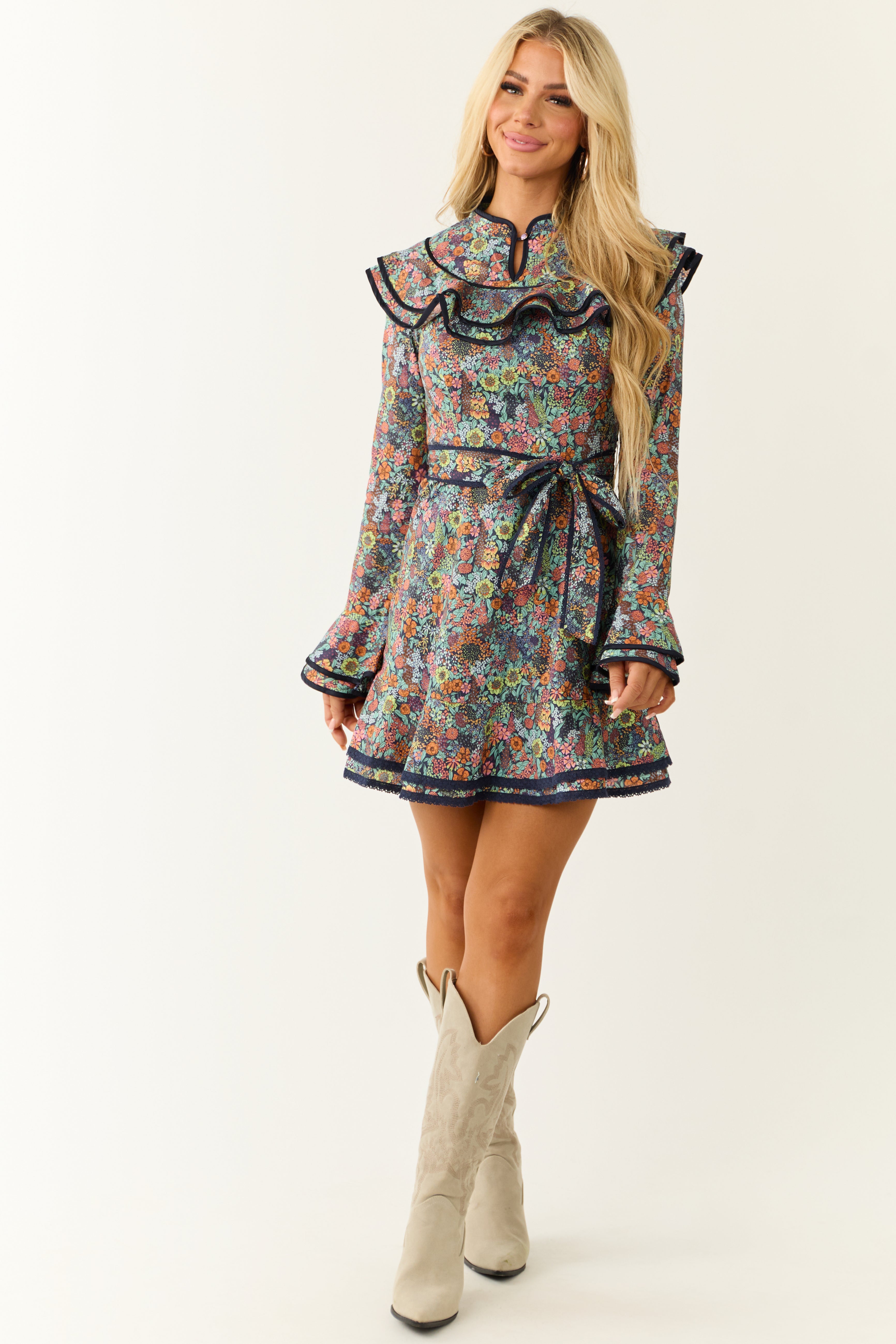 Navy Floral Print Tiered Ruffle Trim Short Dress-Newayad