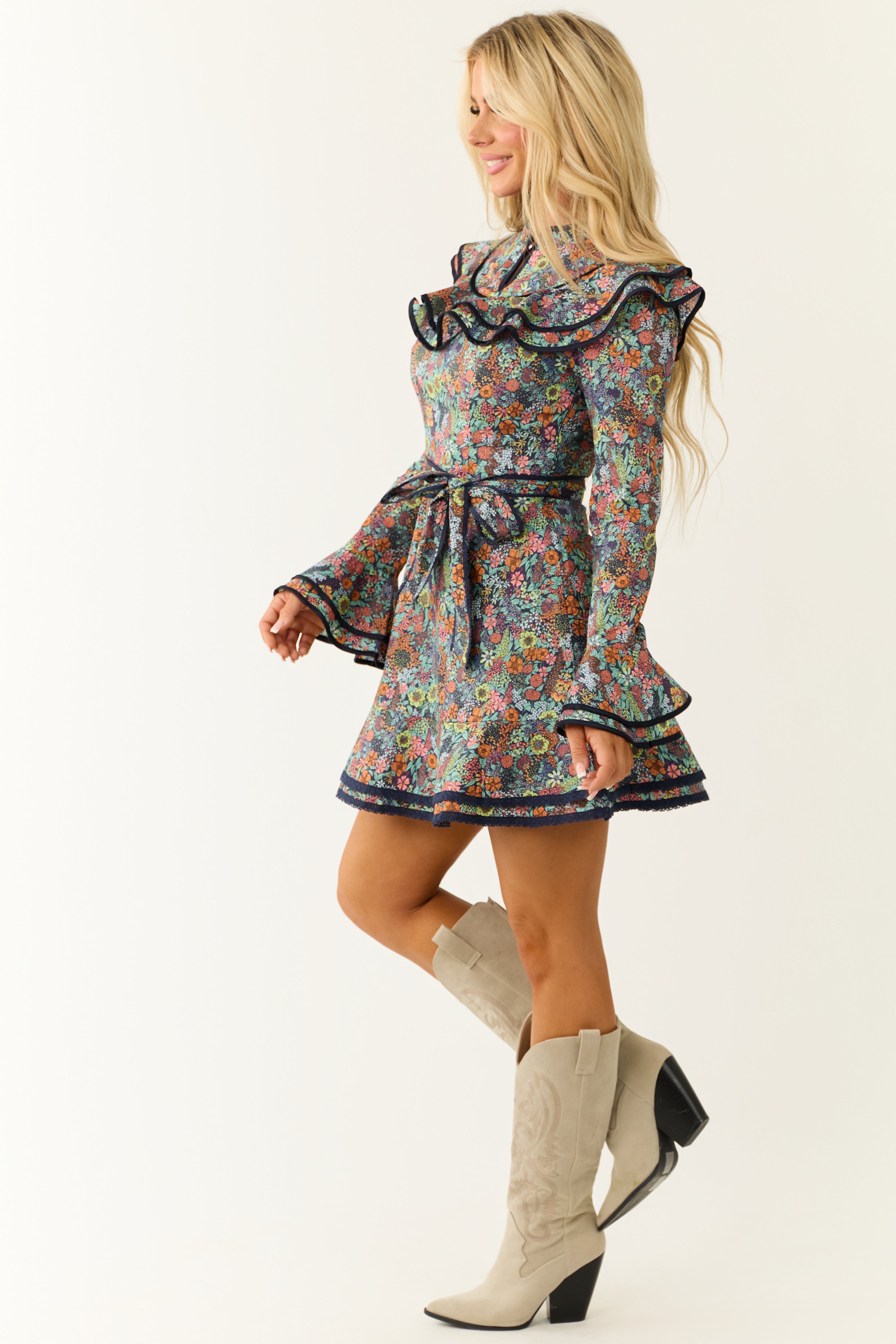 Navy Floral Print Tiered Ruffle Trim Short Dress-Newayad