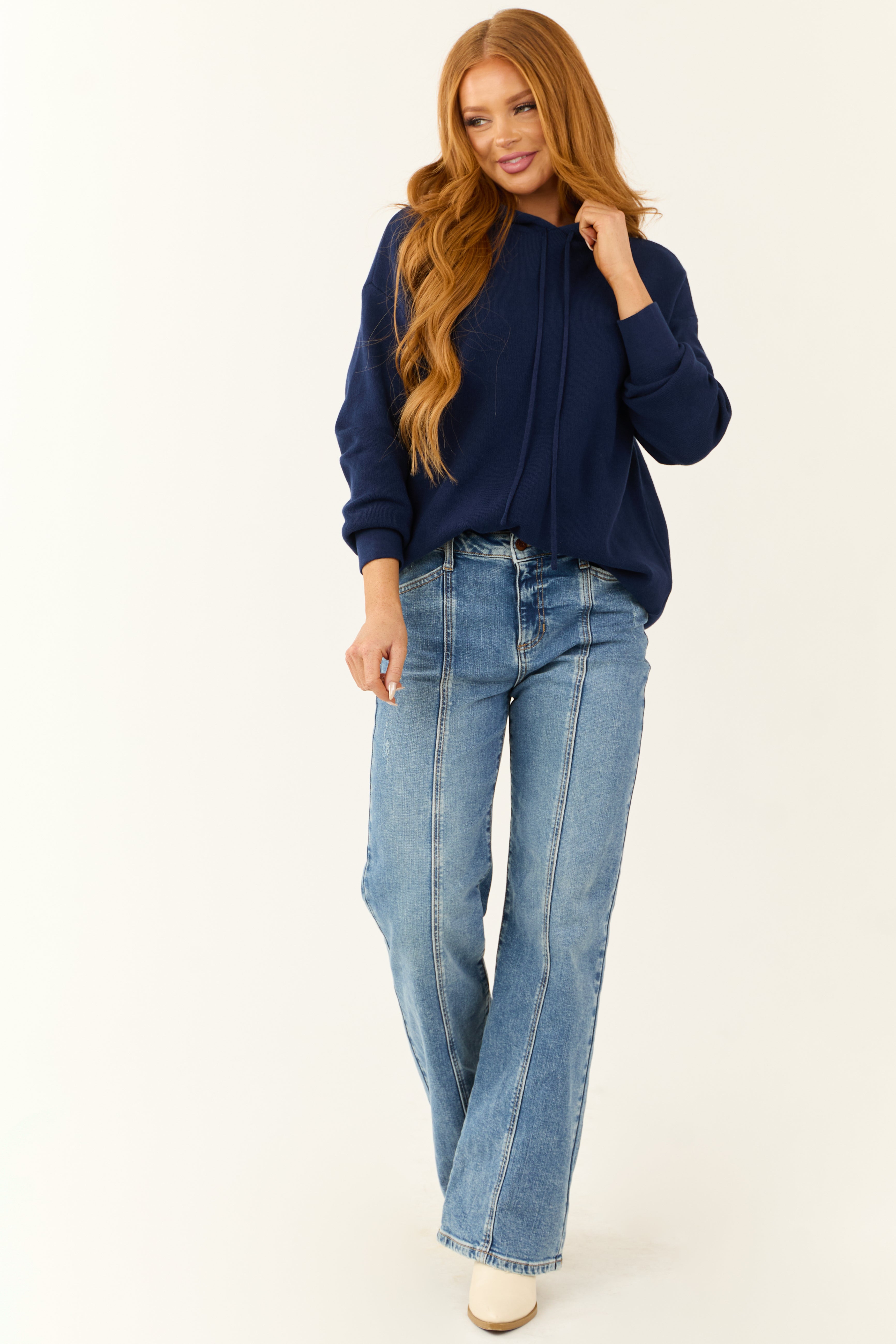 Navy Long Sleeve Knit Drawstring Hoodie-Newayad