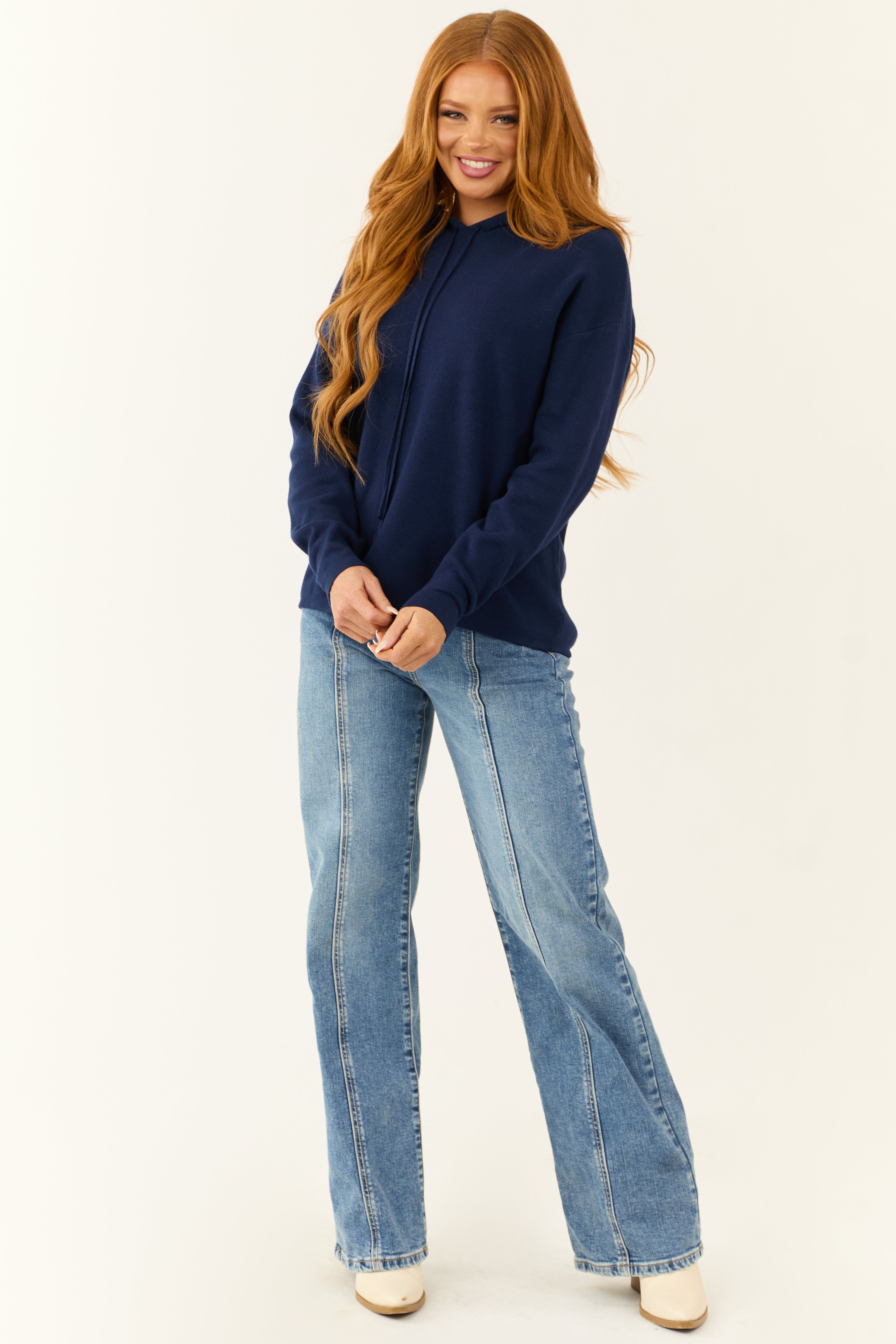 Navy Long Sleeve Knit Drawstring Hoodie-Newayad