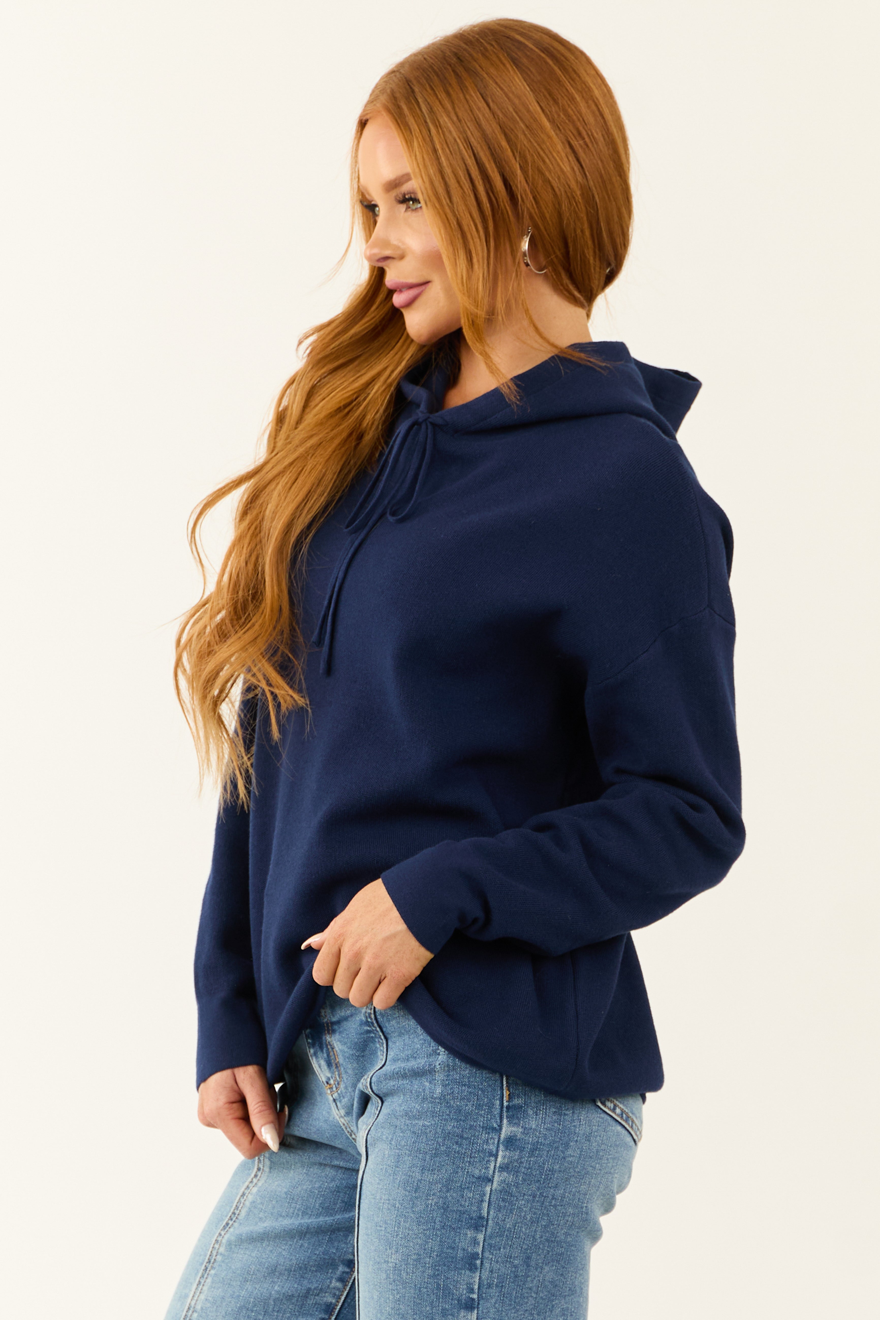 Navy Long Sleeve Knit Drawstring Hoodie-Newayad