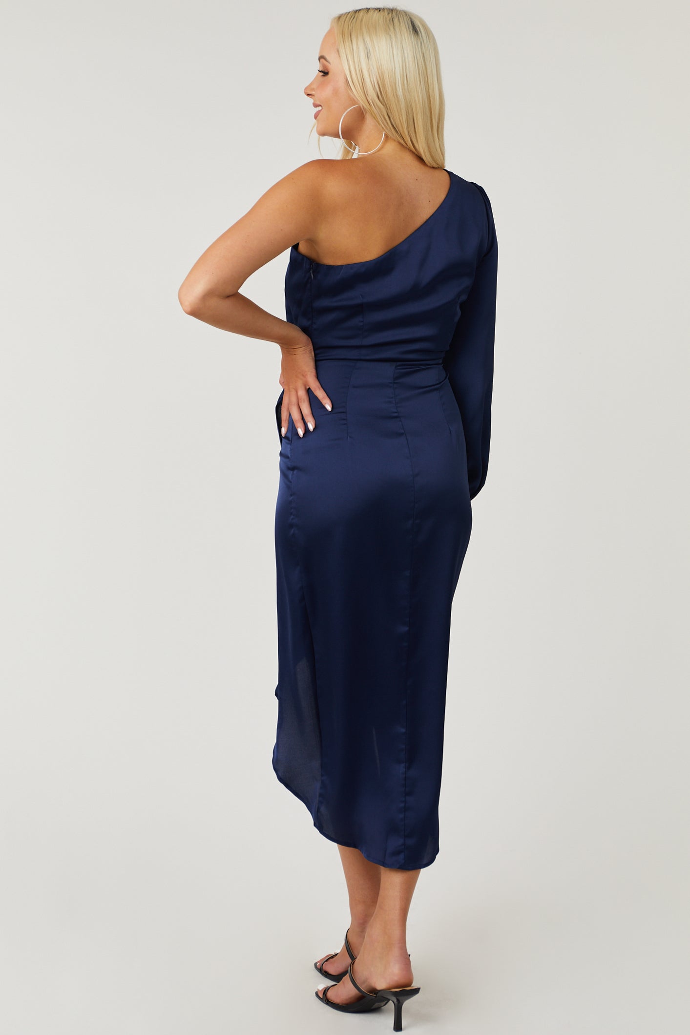 Navy One Shoulder Tulip Hem Satin Midi Dress-Newayad