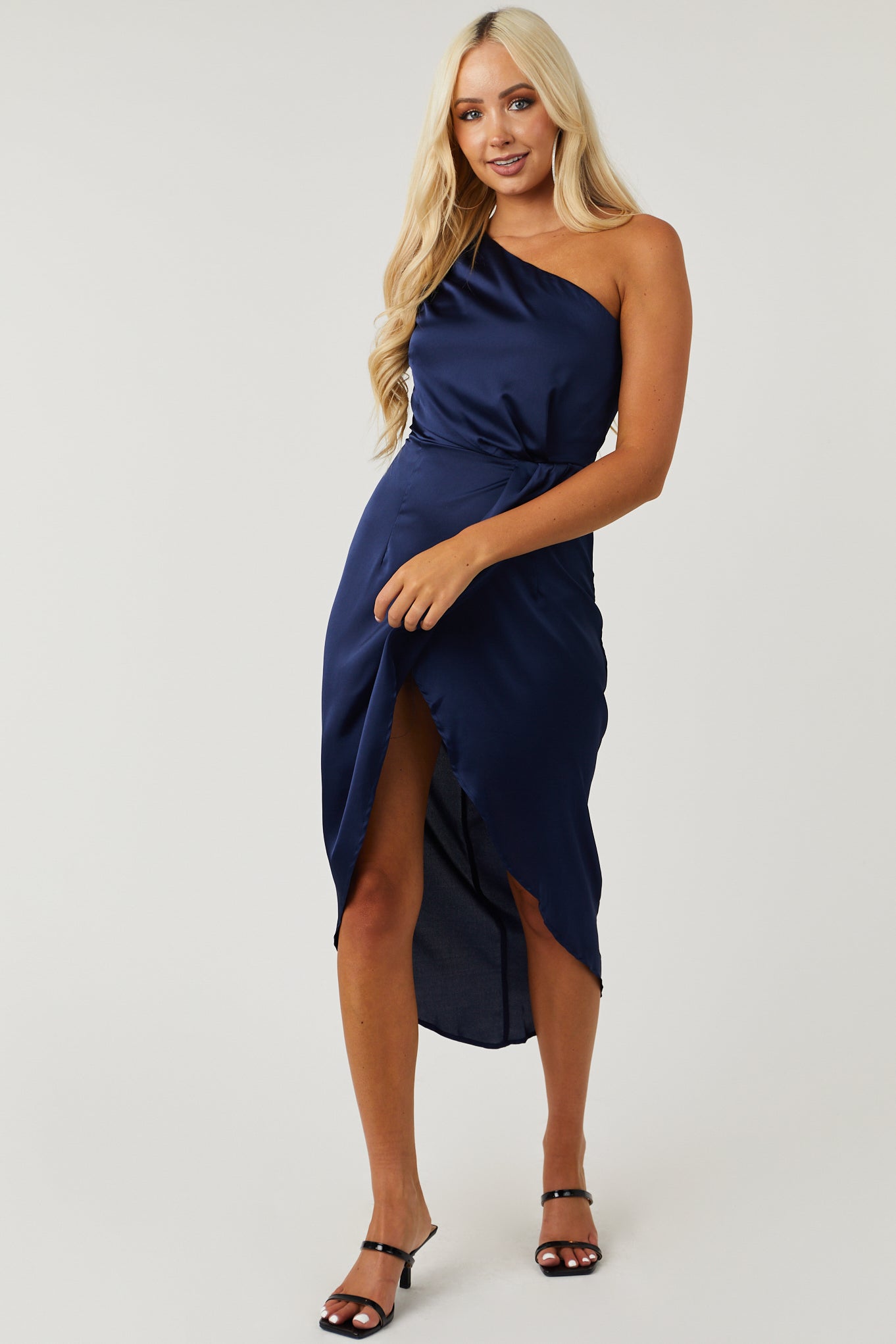 Navy One Shoulder Tulip Hem Satin Midi Dress-Newayad