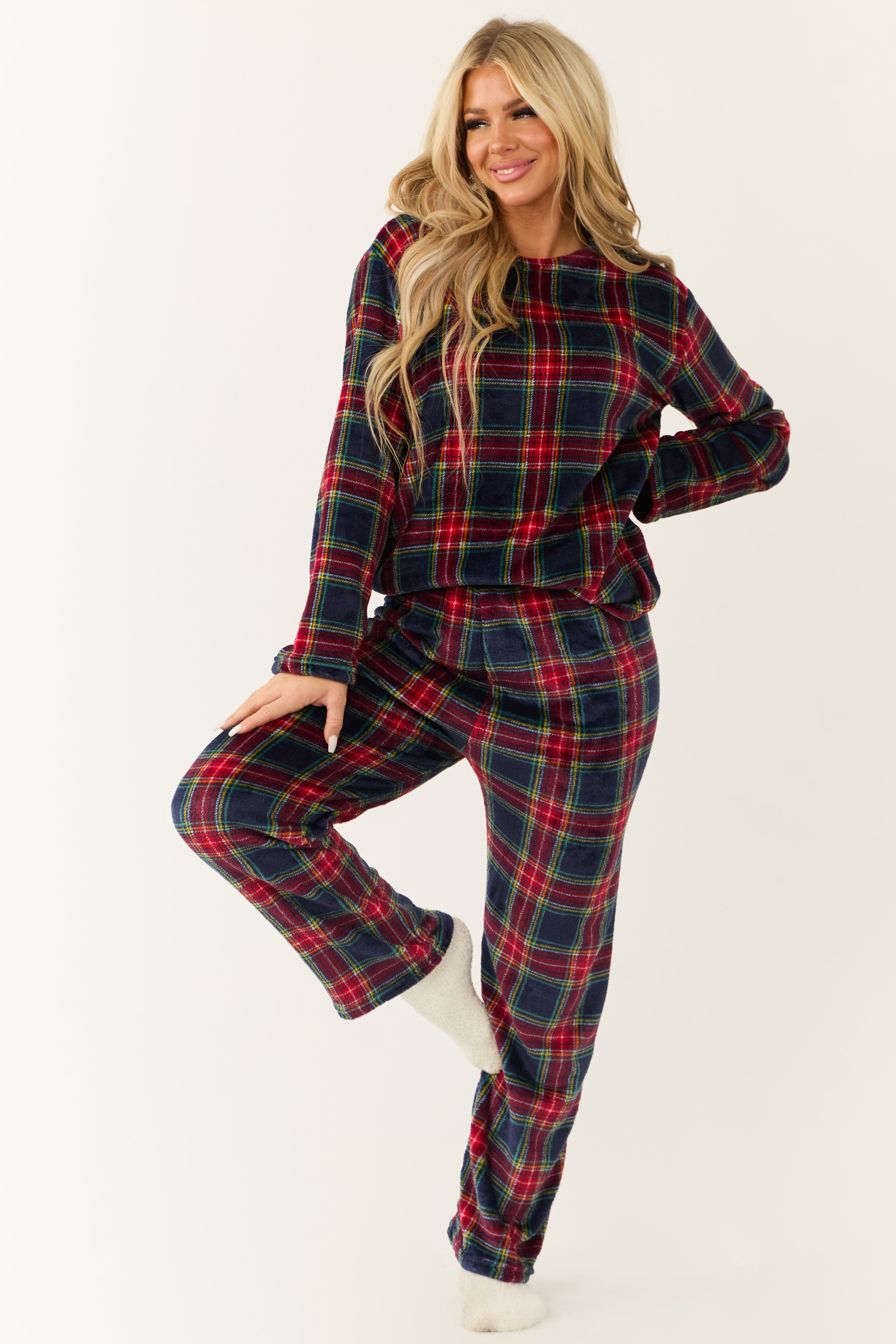 Navy Plaid 2 Piece Soft Pajama Set-Newayad