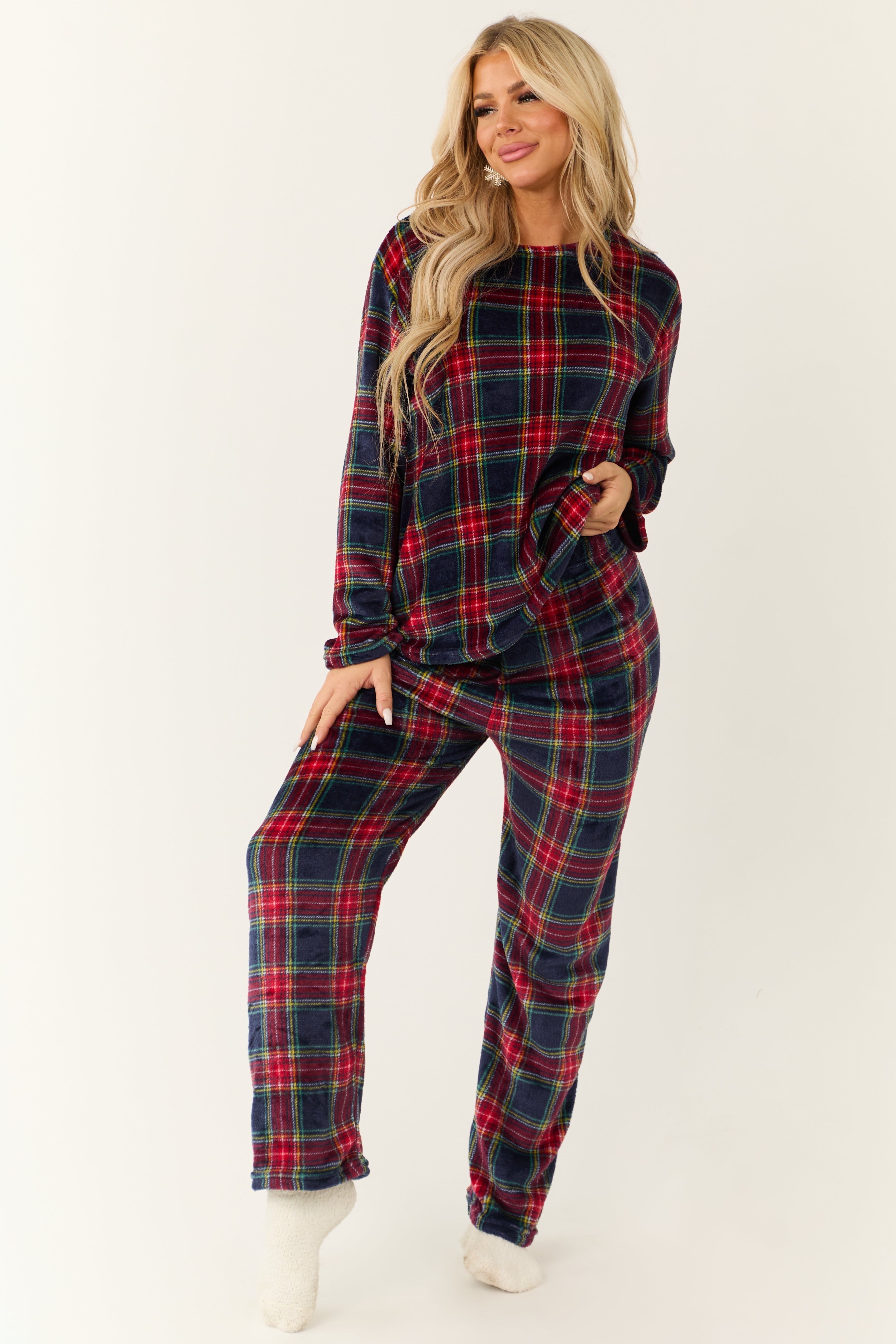 Navy Plaid 2 Piece Soft Pajama Set-Newayad
