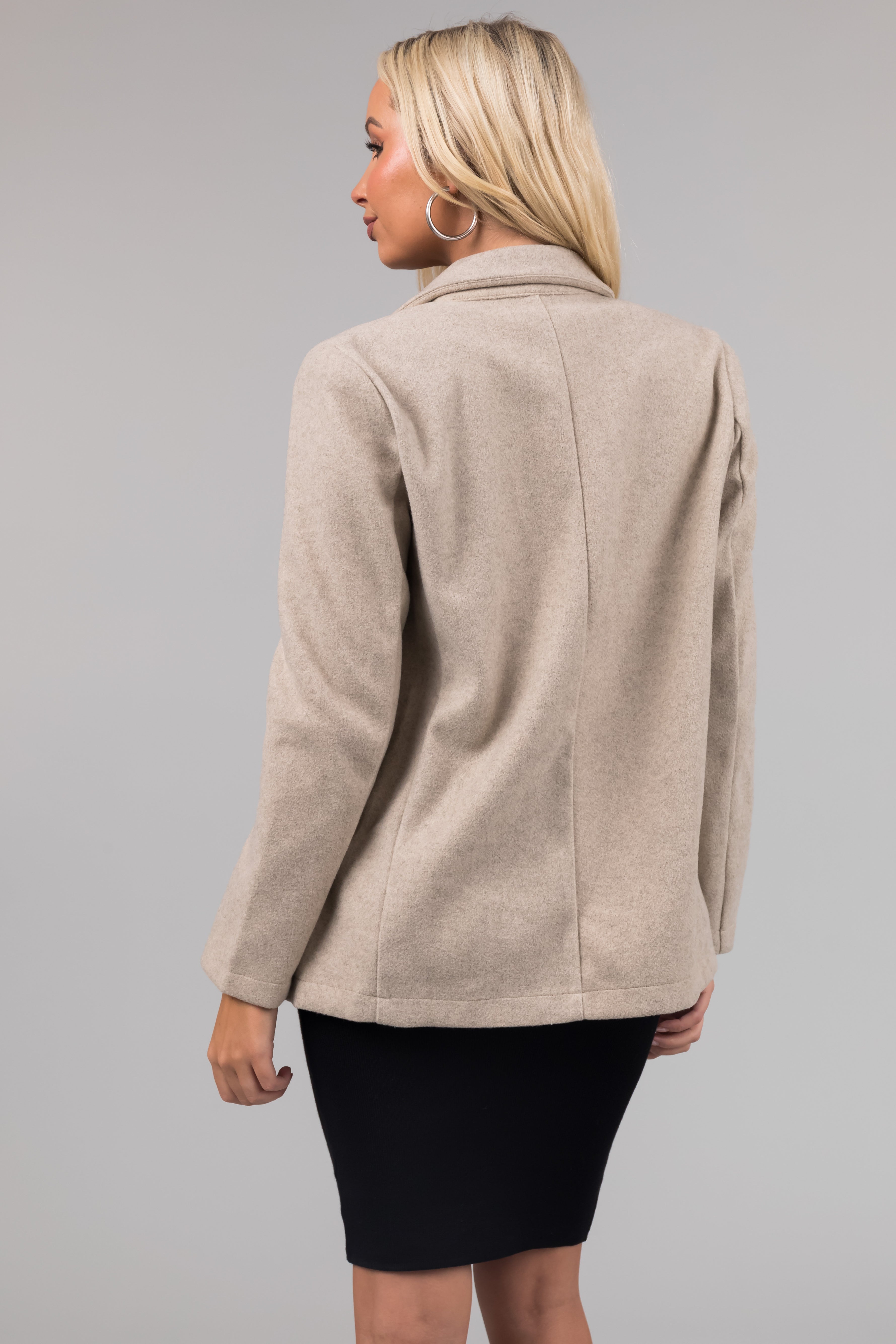 Oatmeal Open Front Collared Long Sleeve Blazer-Newayad