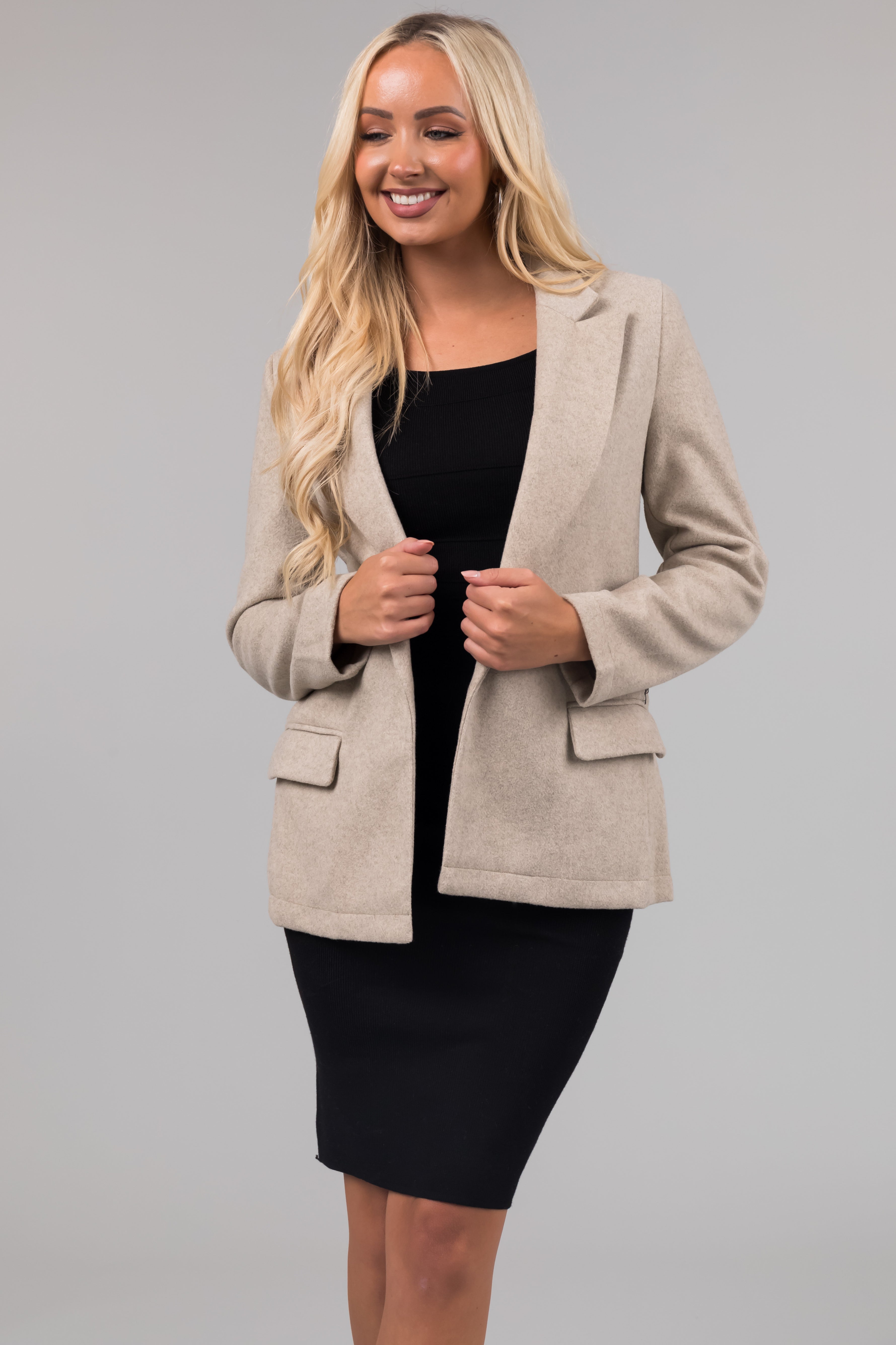 Oatmeal Open Front Collared Long Sleeve Blazer-Newayad
