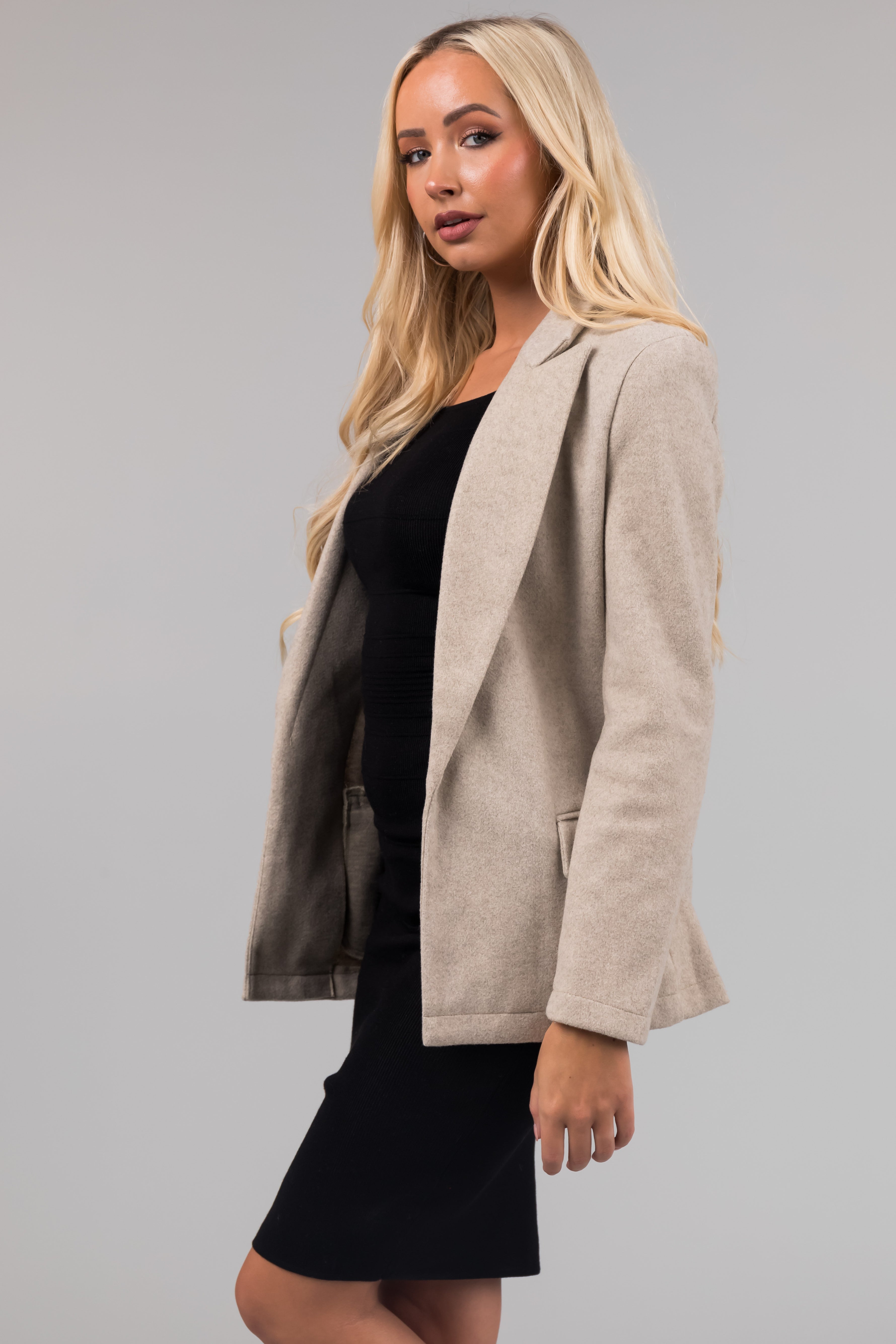 Oatmeal Open Front Collared Long Sleeve Blazer-Newayad