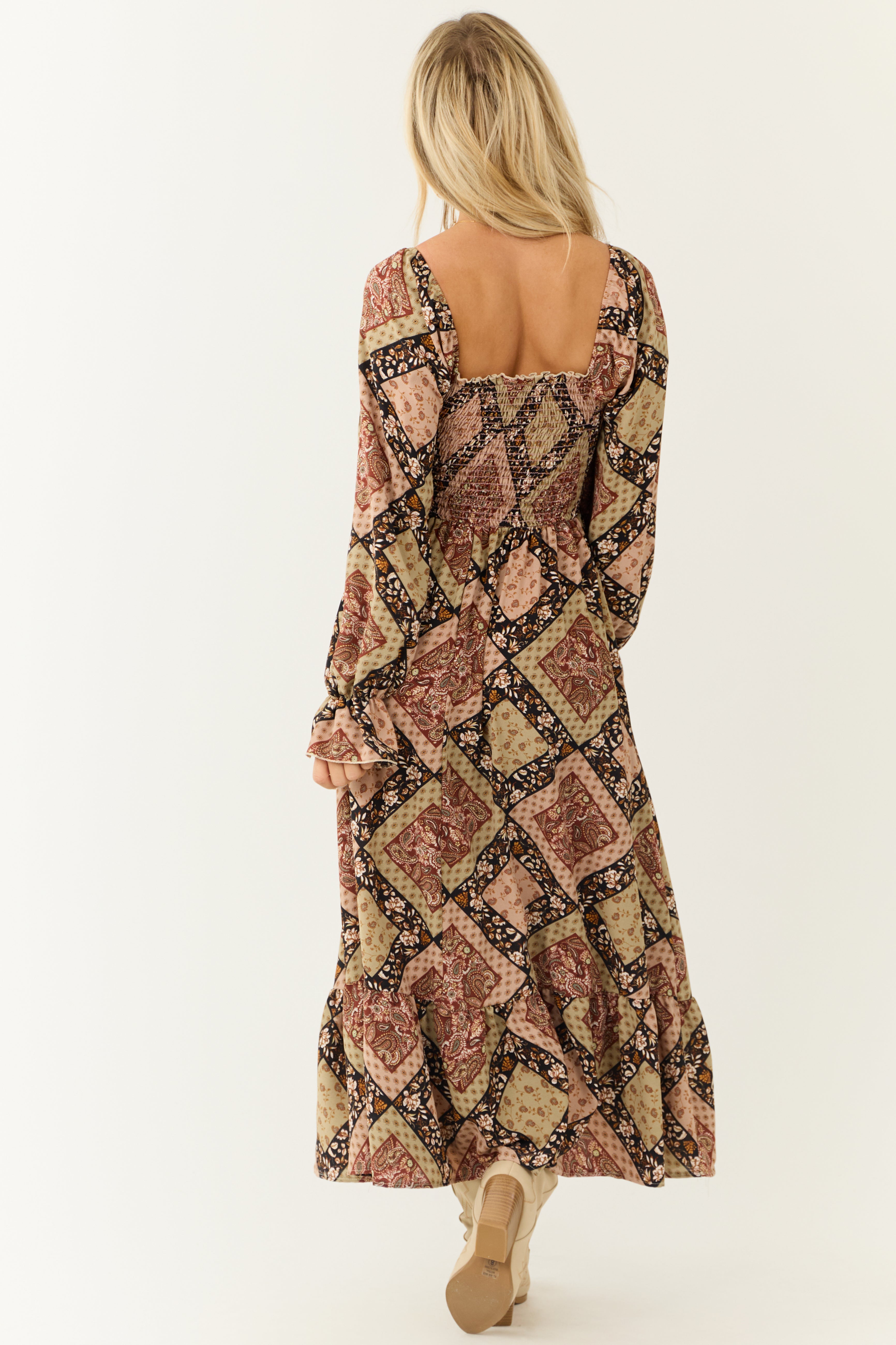 Oatmeal Patchwork Square Neck Maxi Dress-Newayad