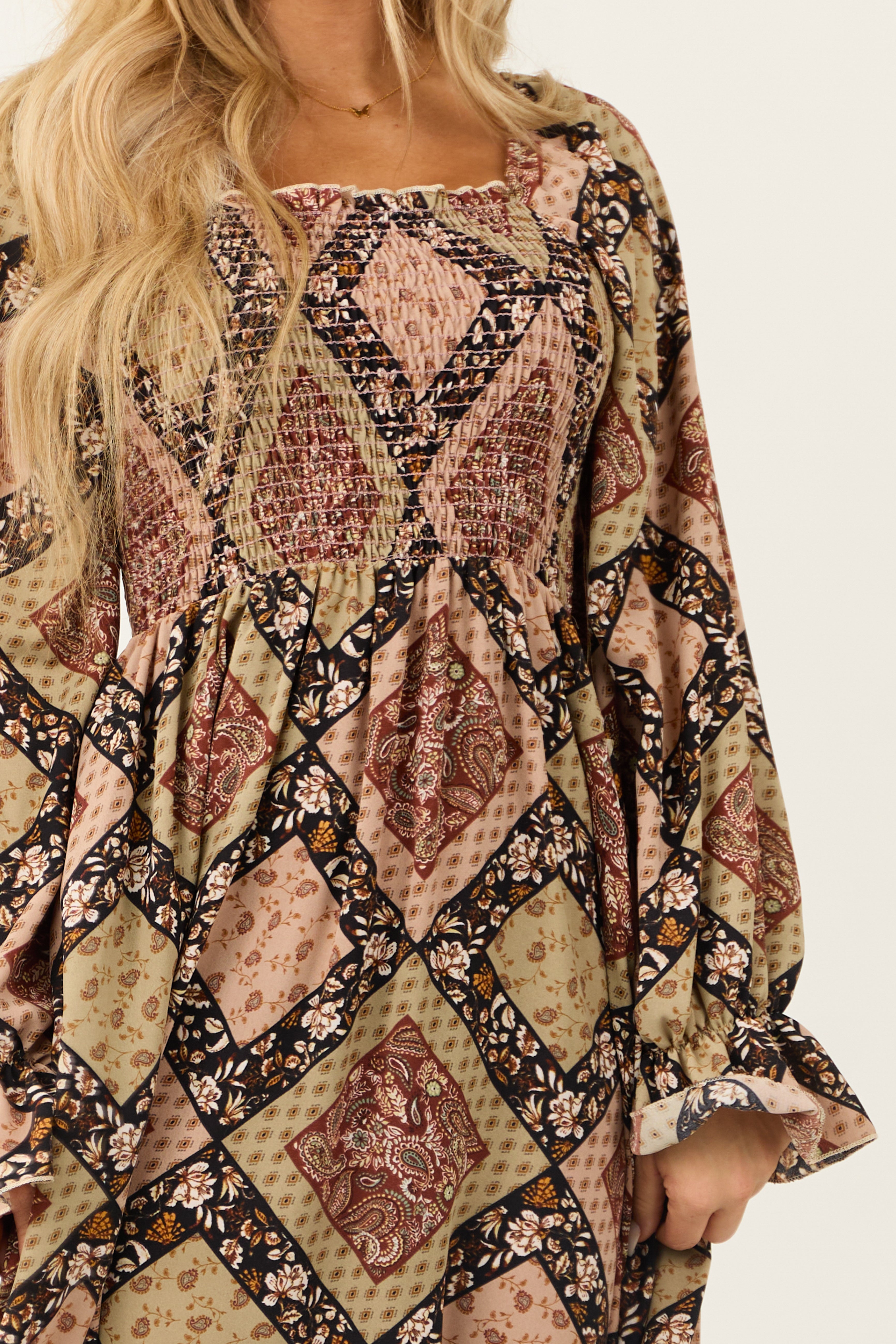 Oatmeal Patchwork Square Neck Maxi Dress-Newayad