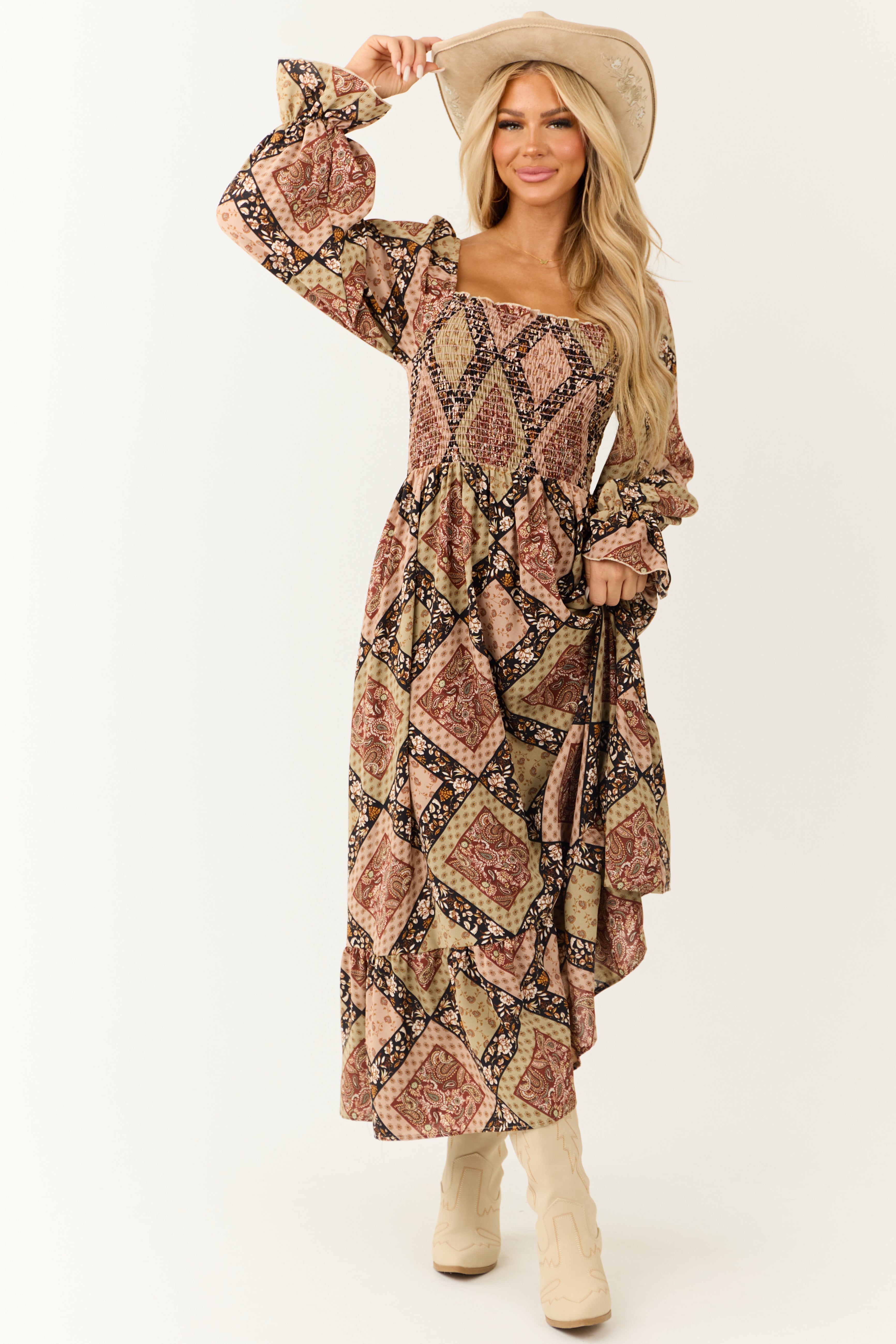 Oatmeal Patchwork Square Neck Maxi Dress-Newayad