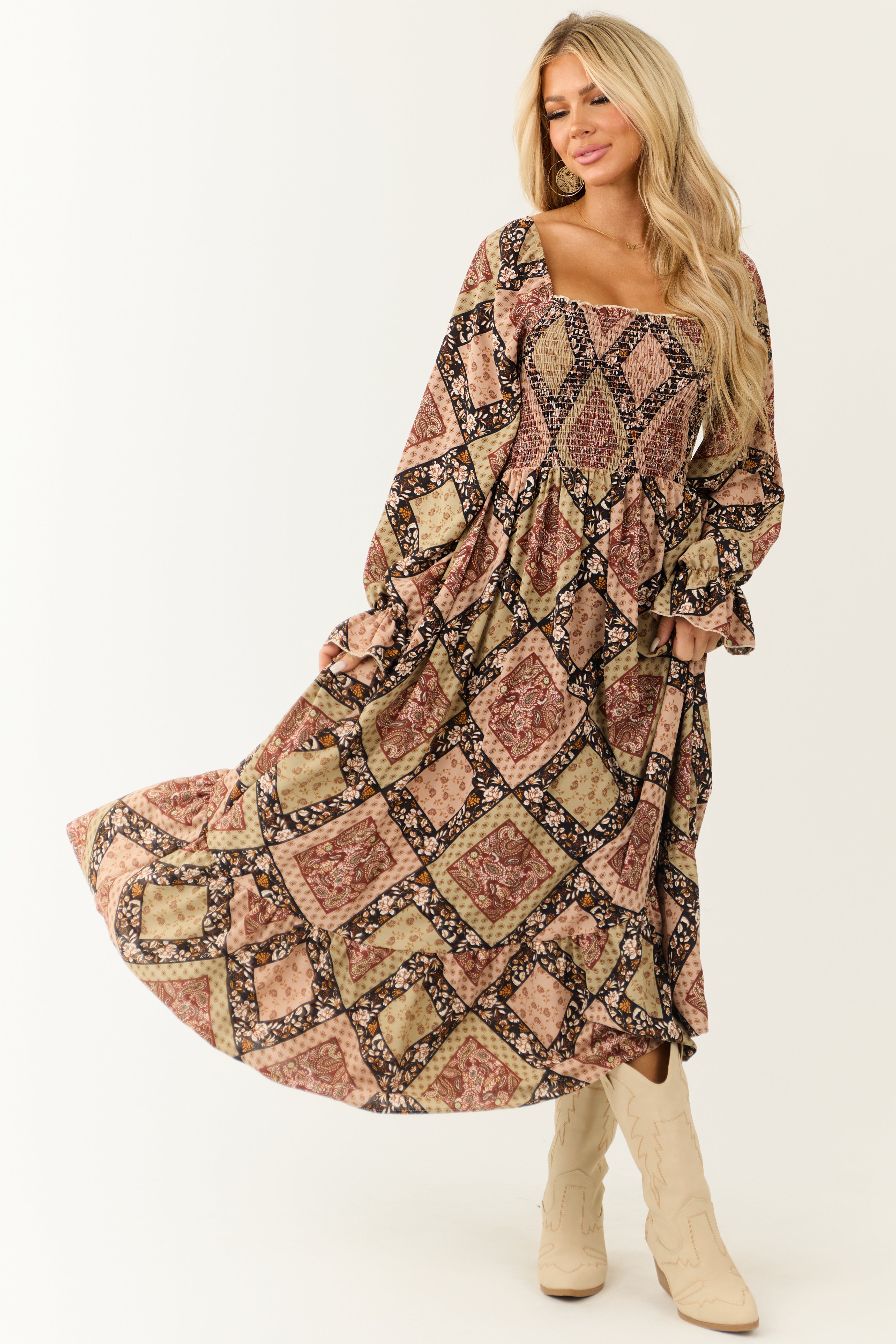 Oatmeal Patchwork Square Neck Maxi Dress-Newayad