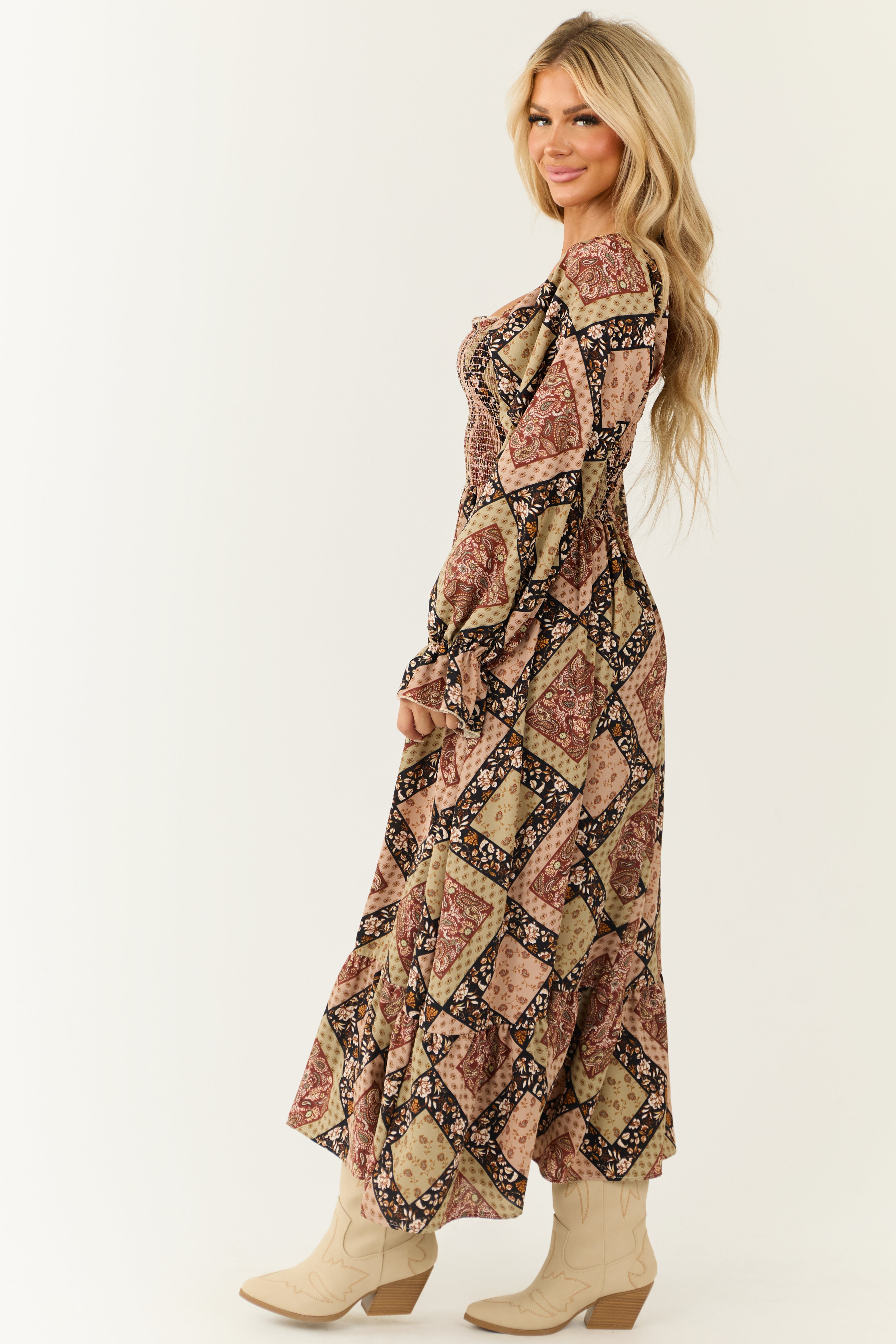 Oatmeal Patchwork Square Neck Maxi Dress-Newayad