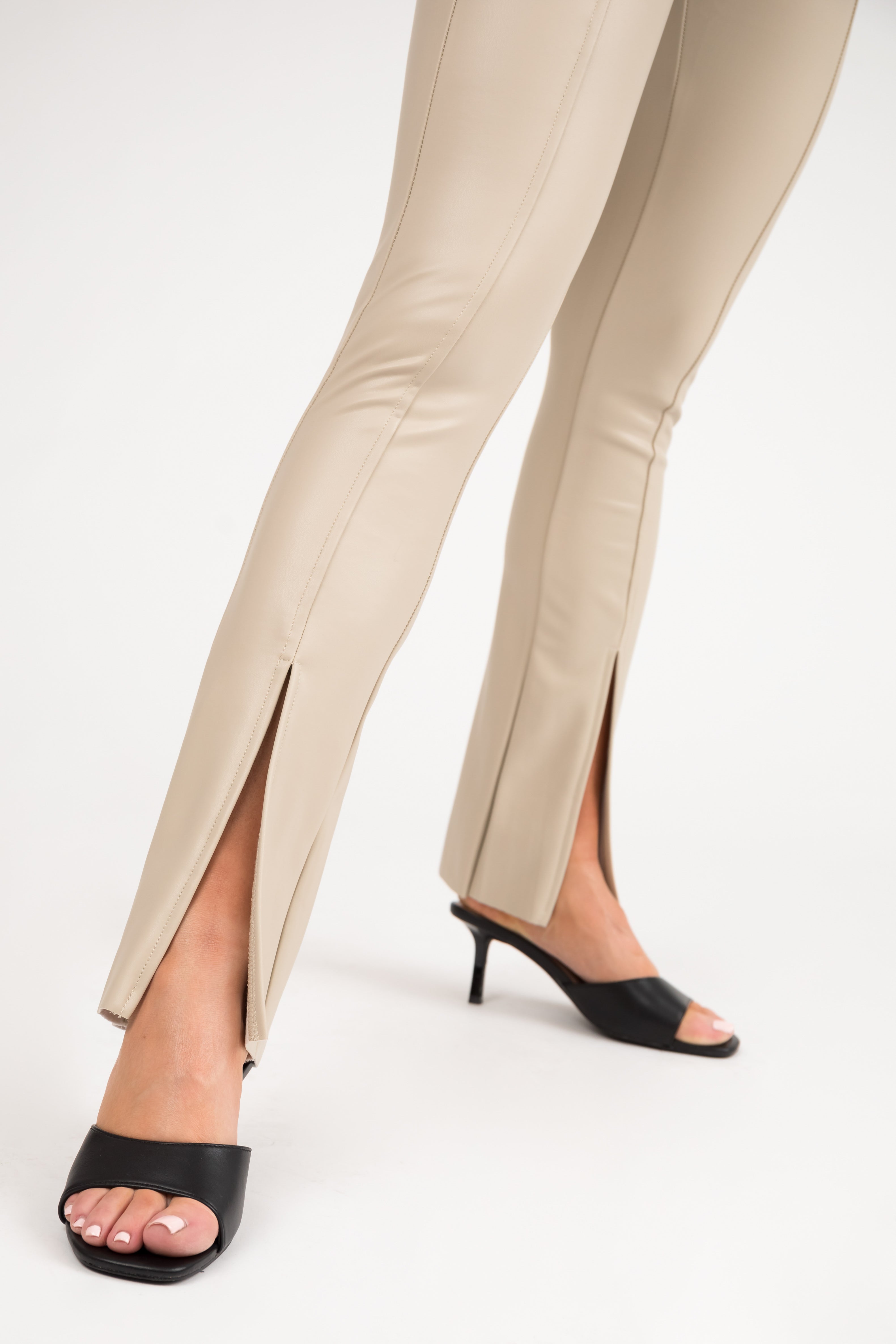 Oatmeal Slit Hem Faux Leather Leggings-Newayad