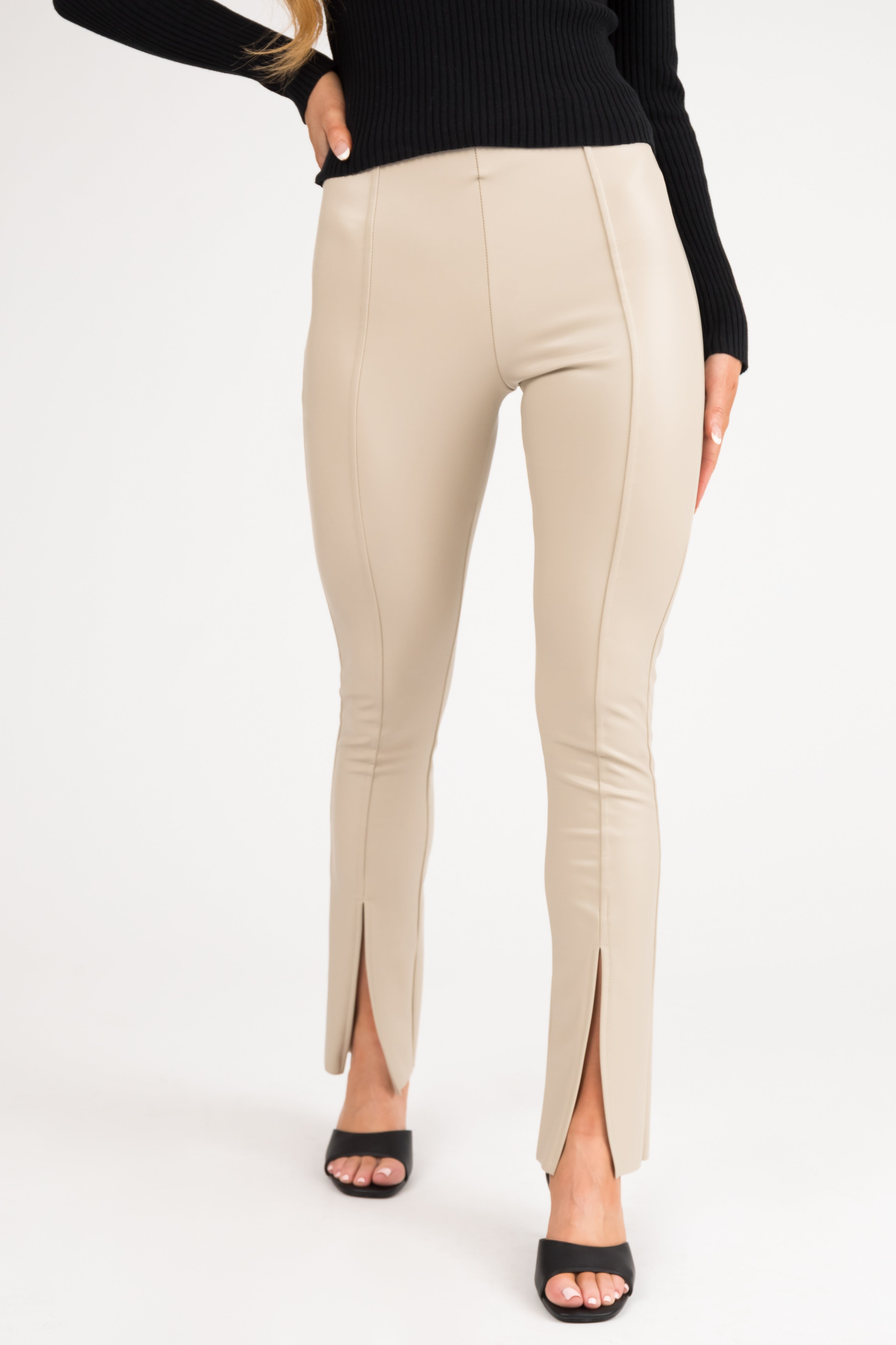 Oatmeal Slit Hem Faux Leather Leggings-Newayad