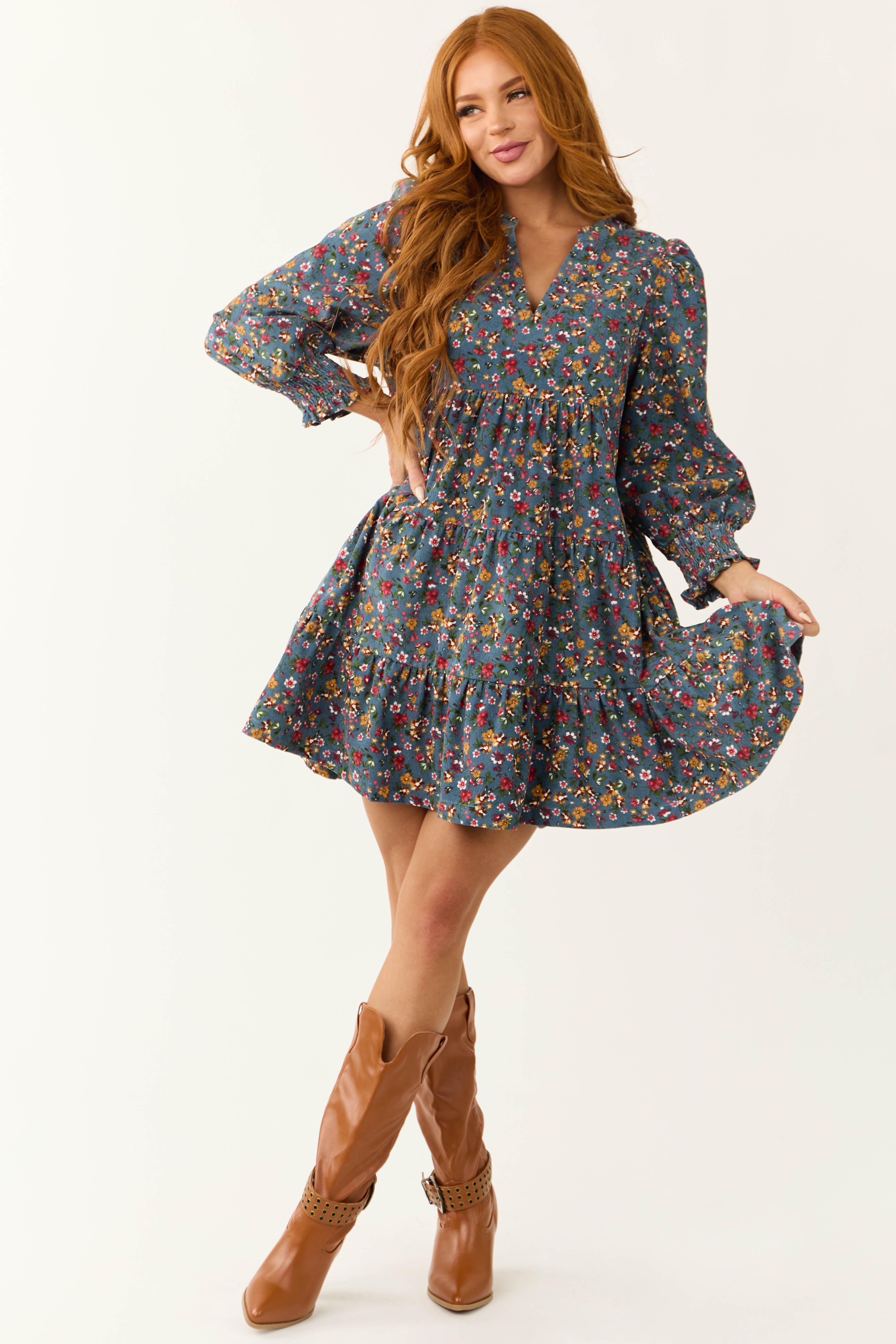 Ocean Corduroy Floral Print Tiered Mini Dress-Newayad