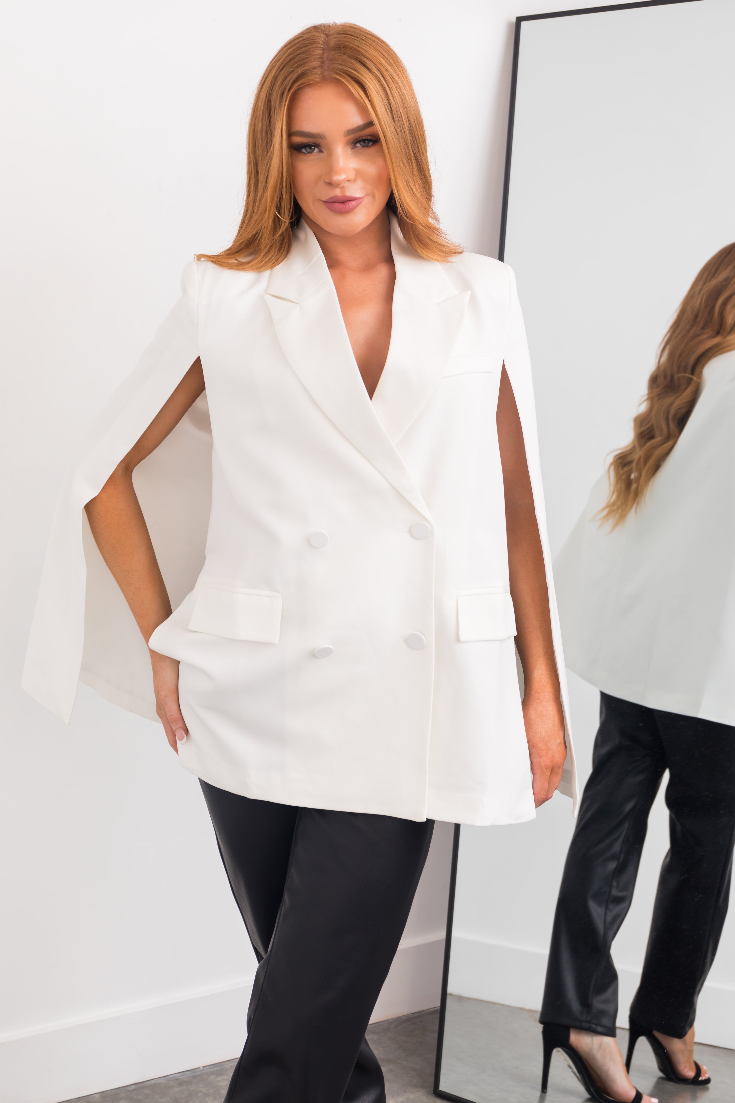 Off White Double Button Cape Blazer-Newayad