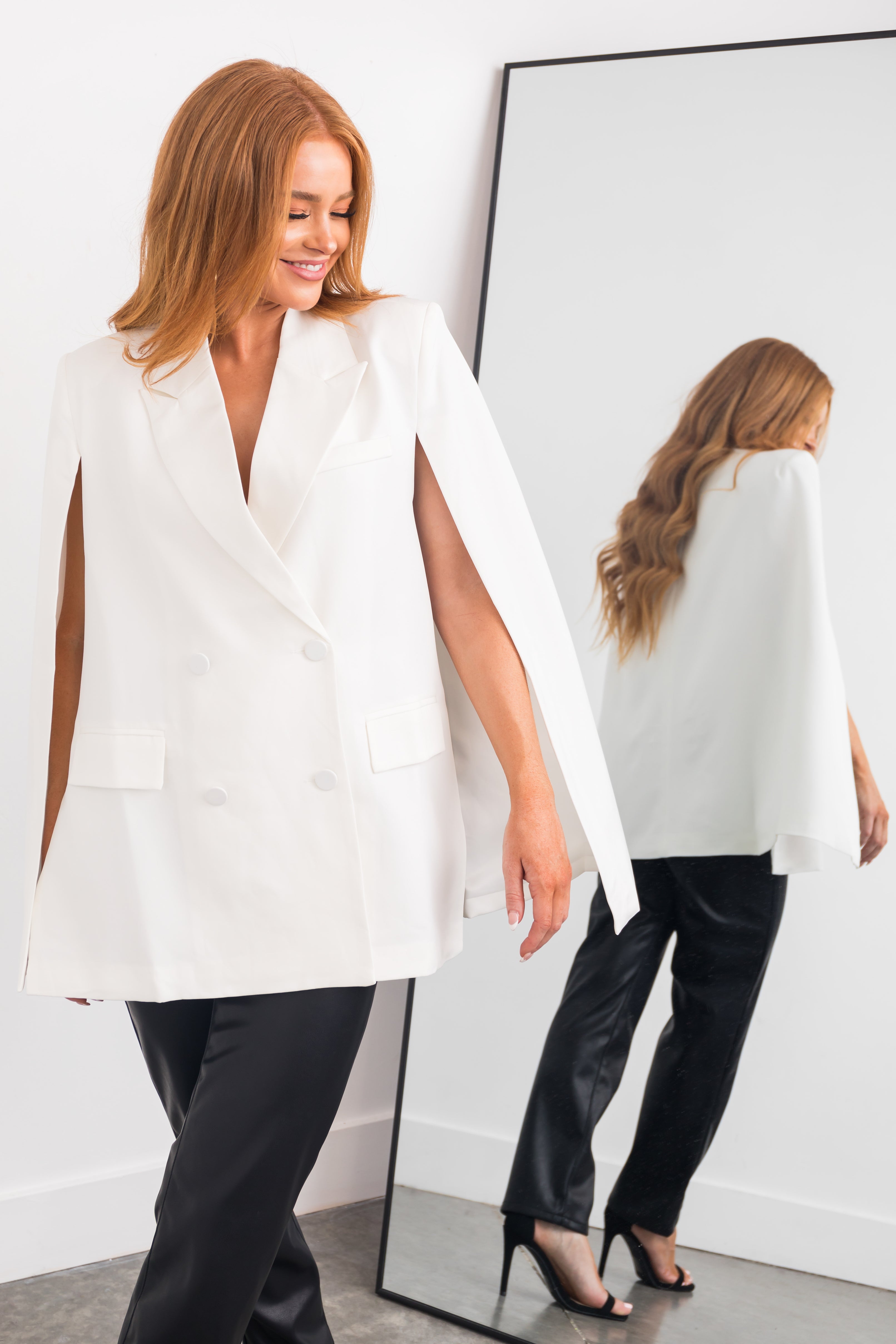 Off White Double Button Cape Blazer-Newayad