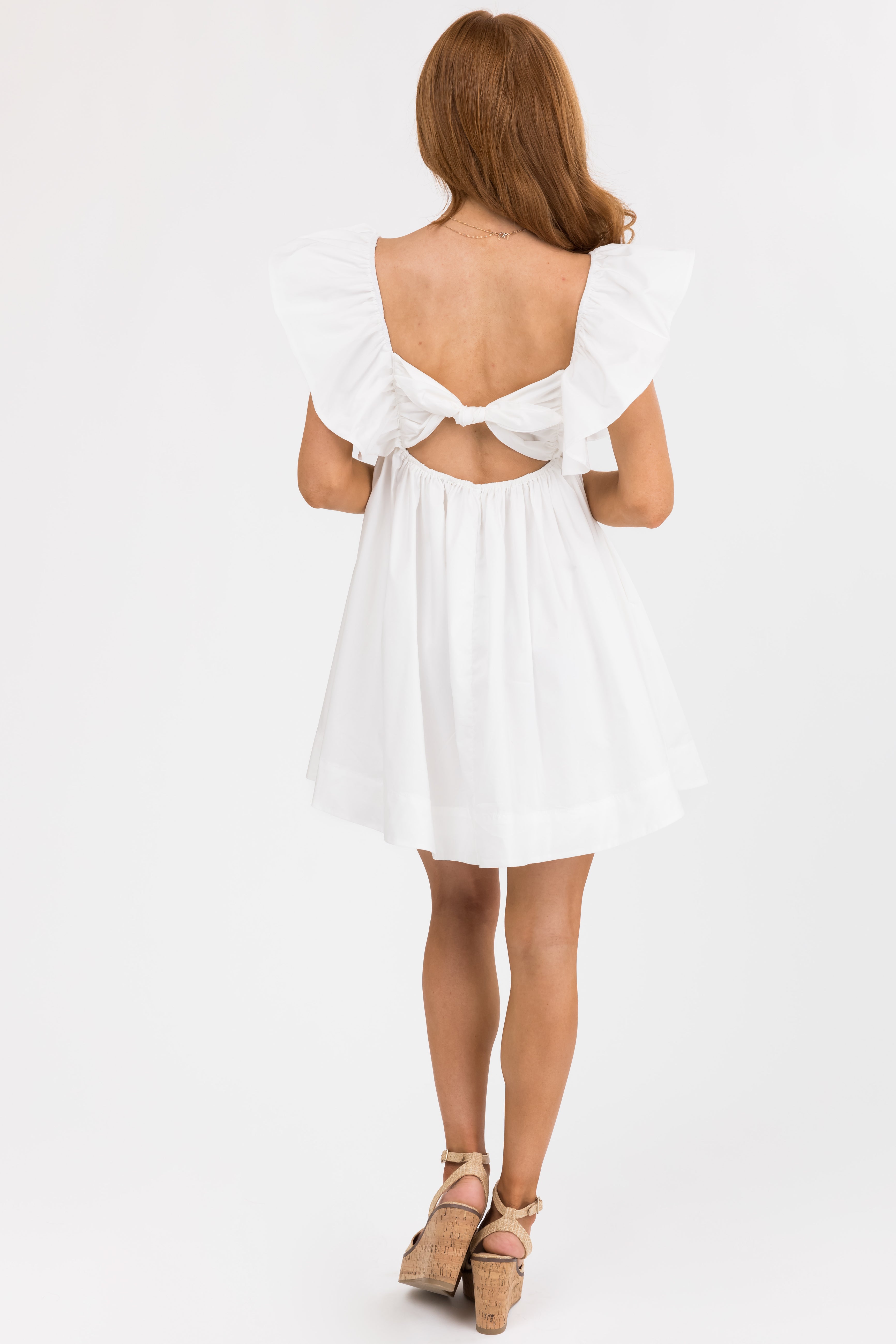 Off White Poplin Short Ruffle Sleeve Mini Dress-Newayad