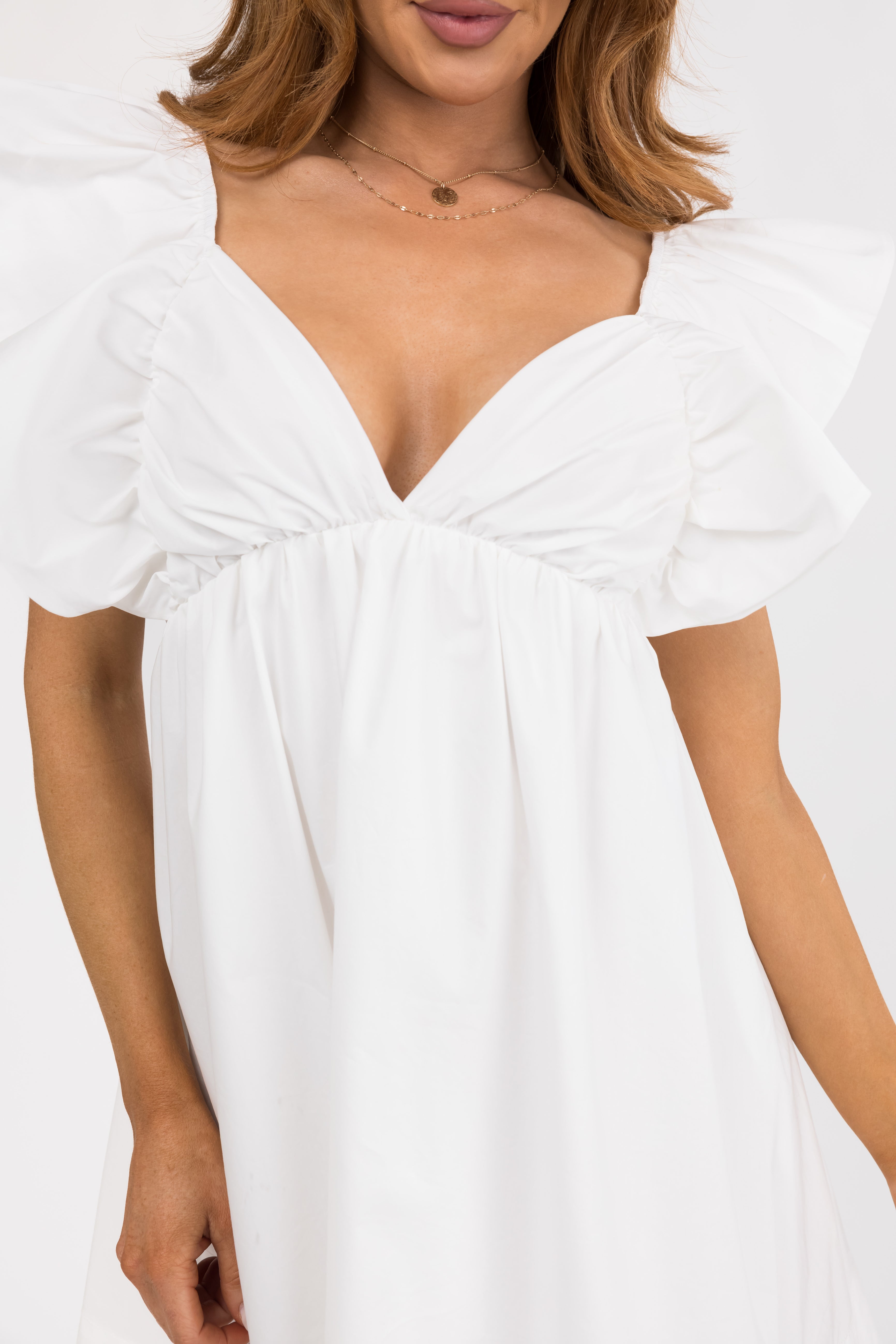 Off White Poplin Short Ruffle Sleeve Mini Dress-Newayad