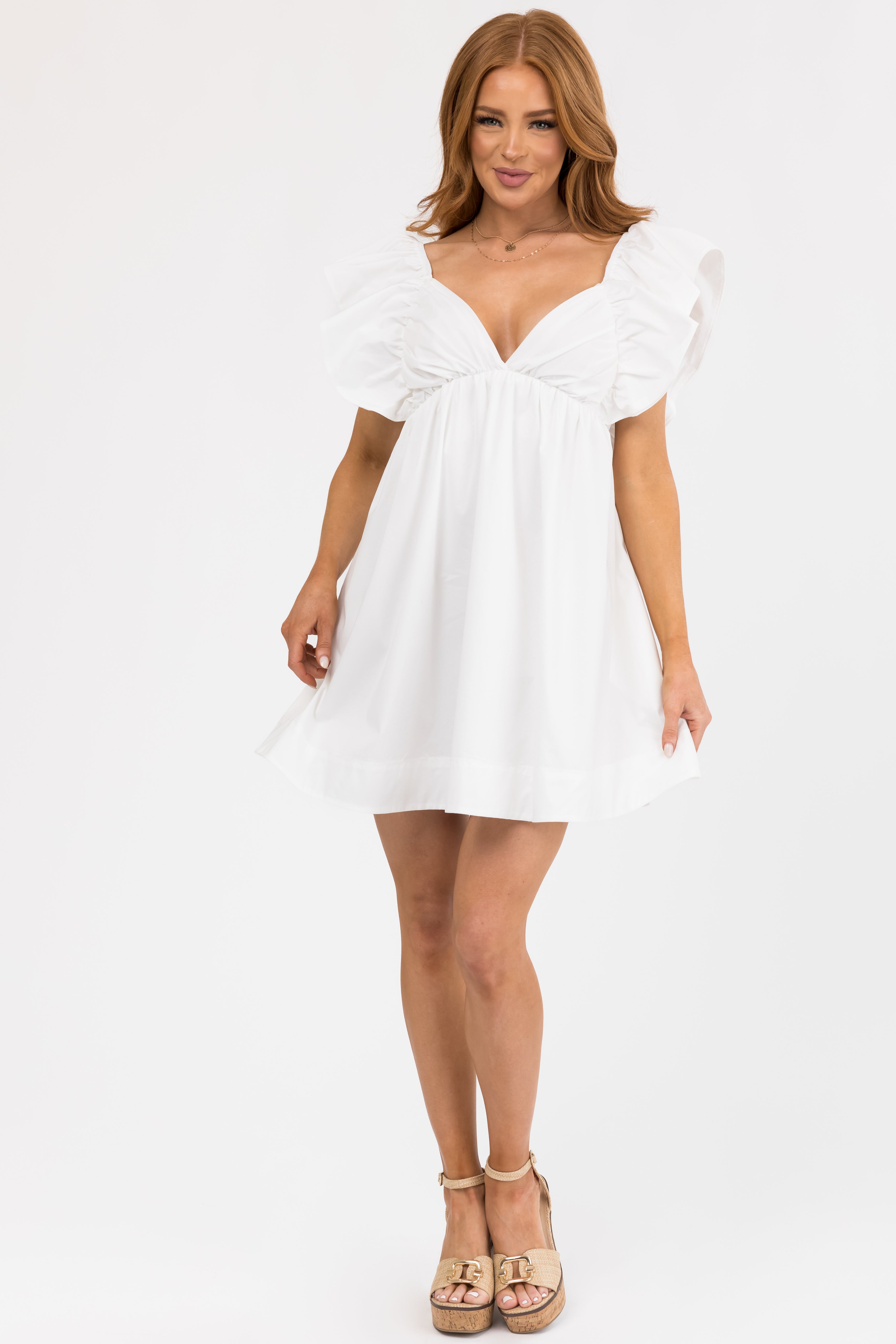 Off White Poplin Short Ruffle Sleeve Mini Dress-Newayad