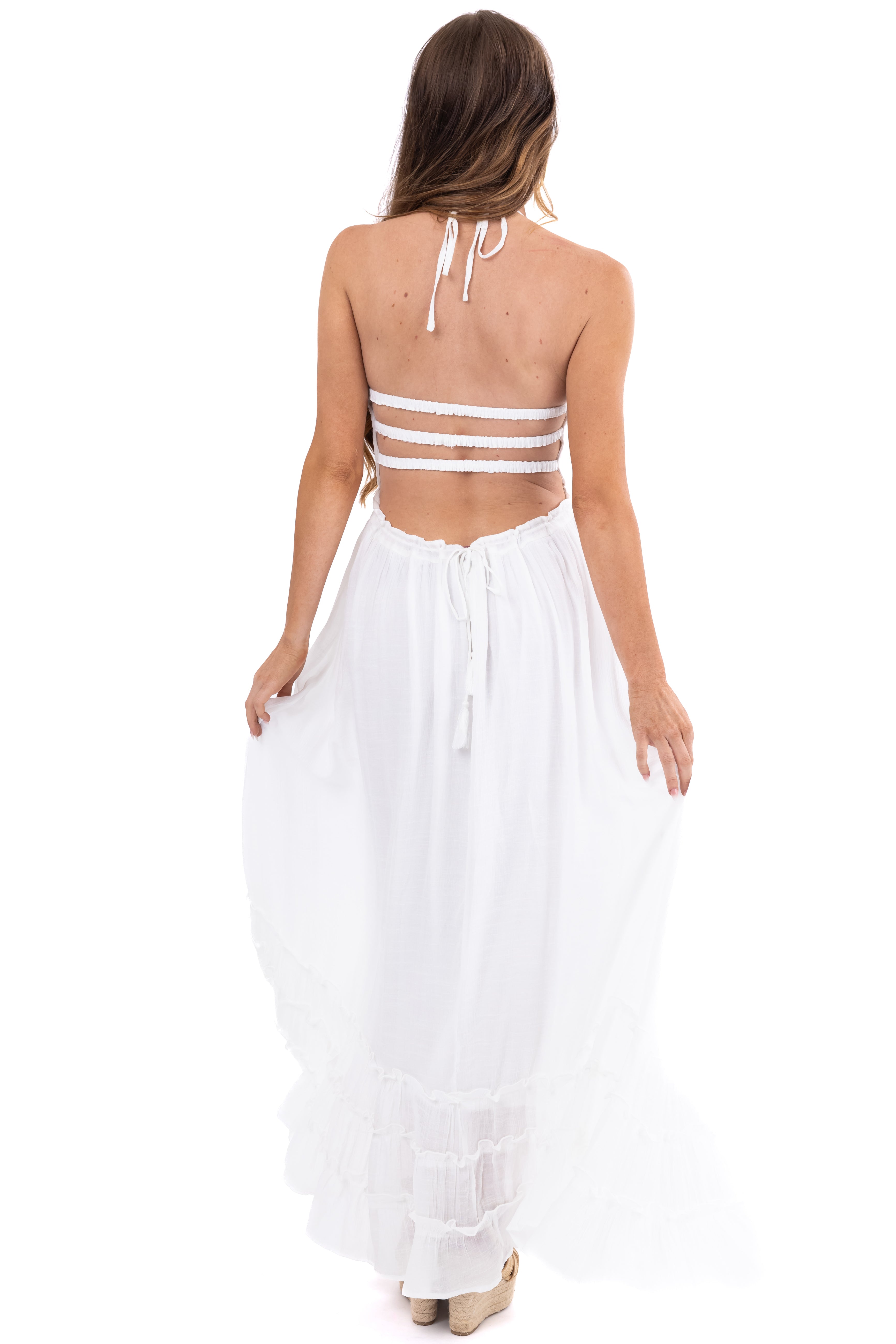 Off White Ruffle Bottom Sleeveless Maxi Dress-Newayad