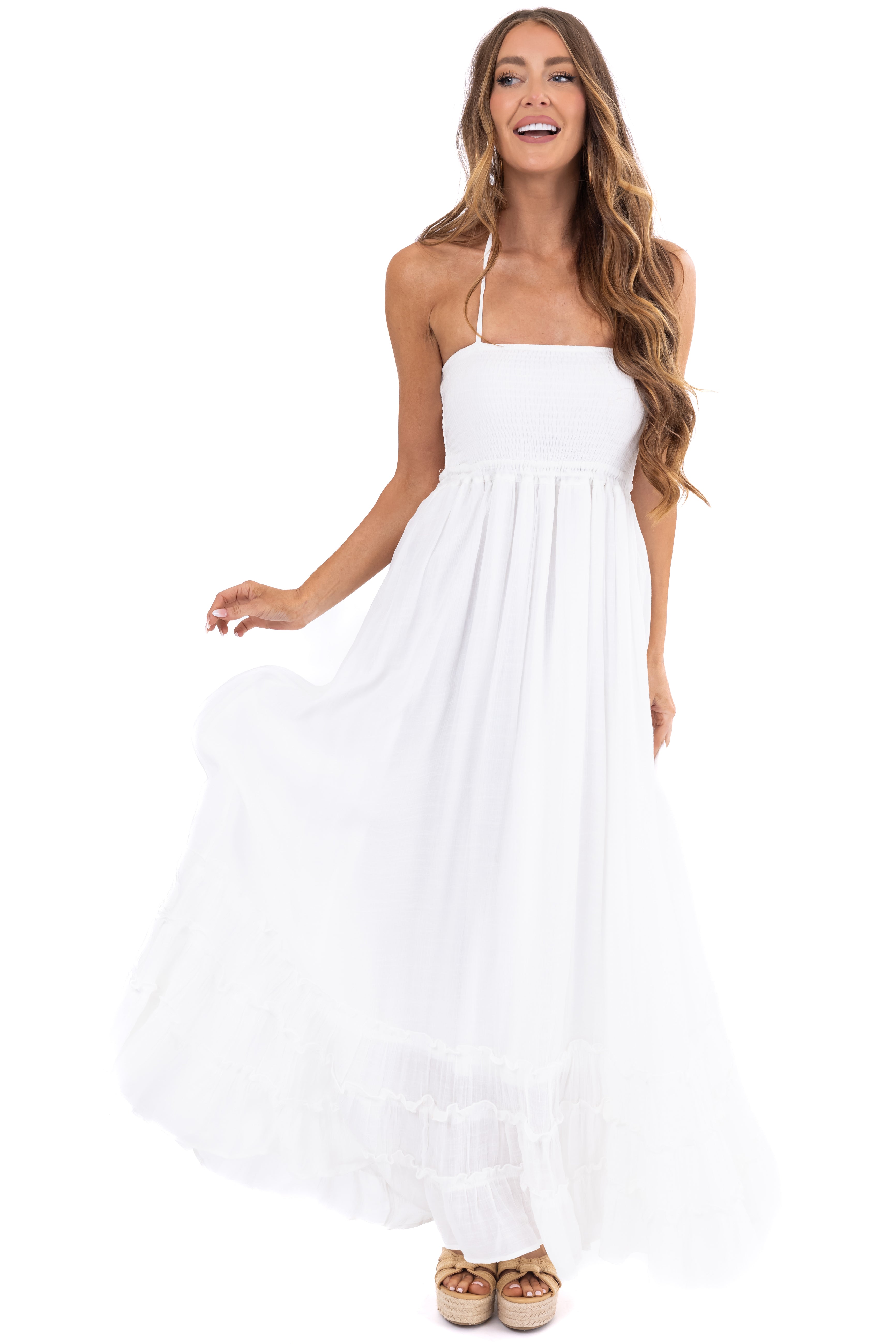 Off White Ruffle Bottom Sleeveless Maxi Dress-Newayad
