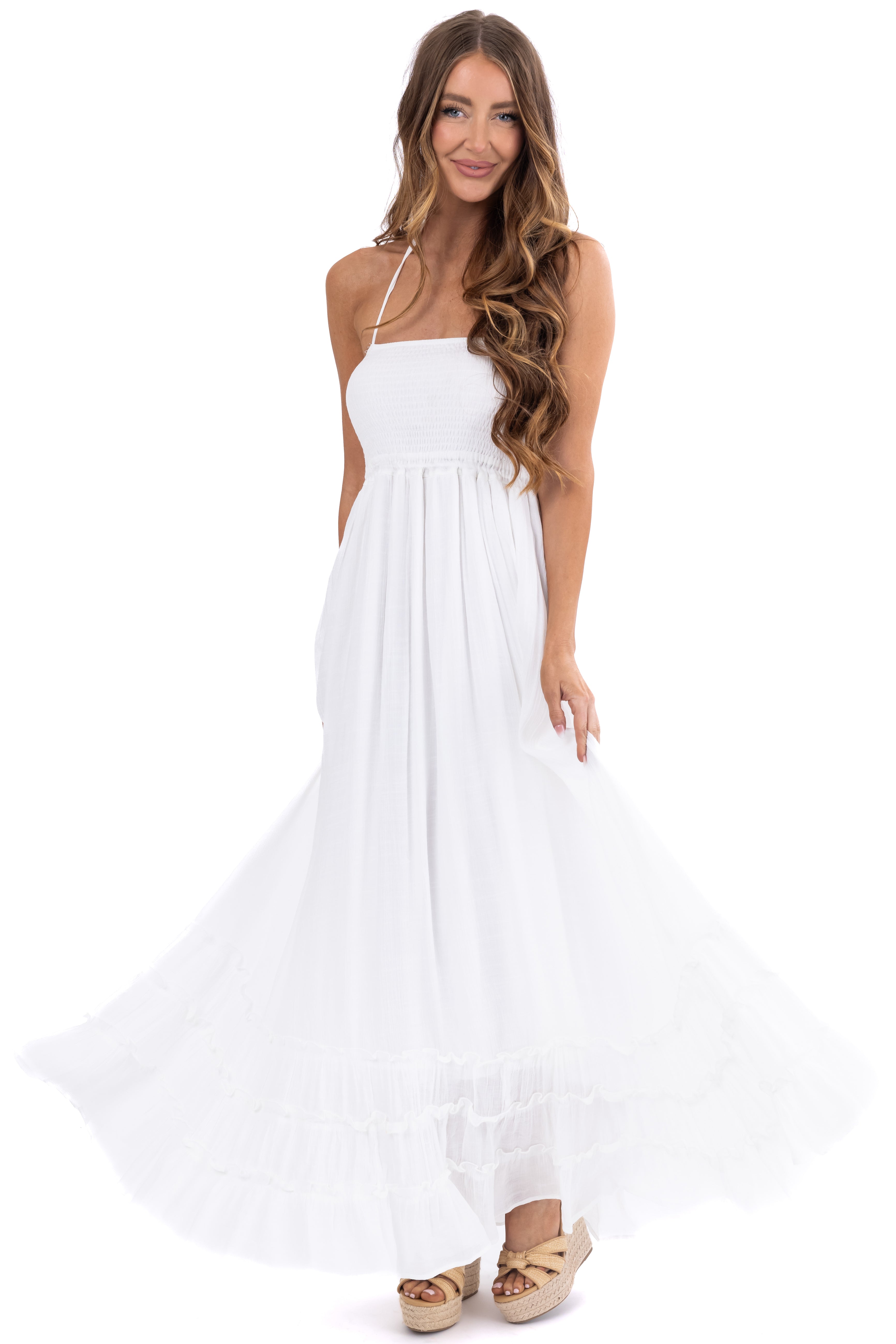 Off White Ruffle Bottom Sleeveless Maxi Dress-Newayad