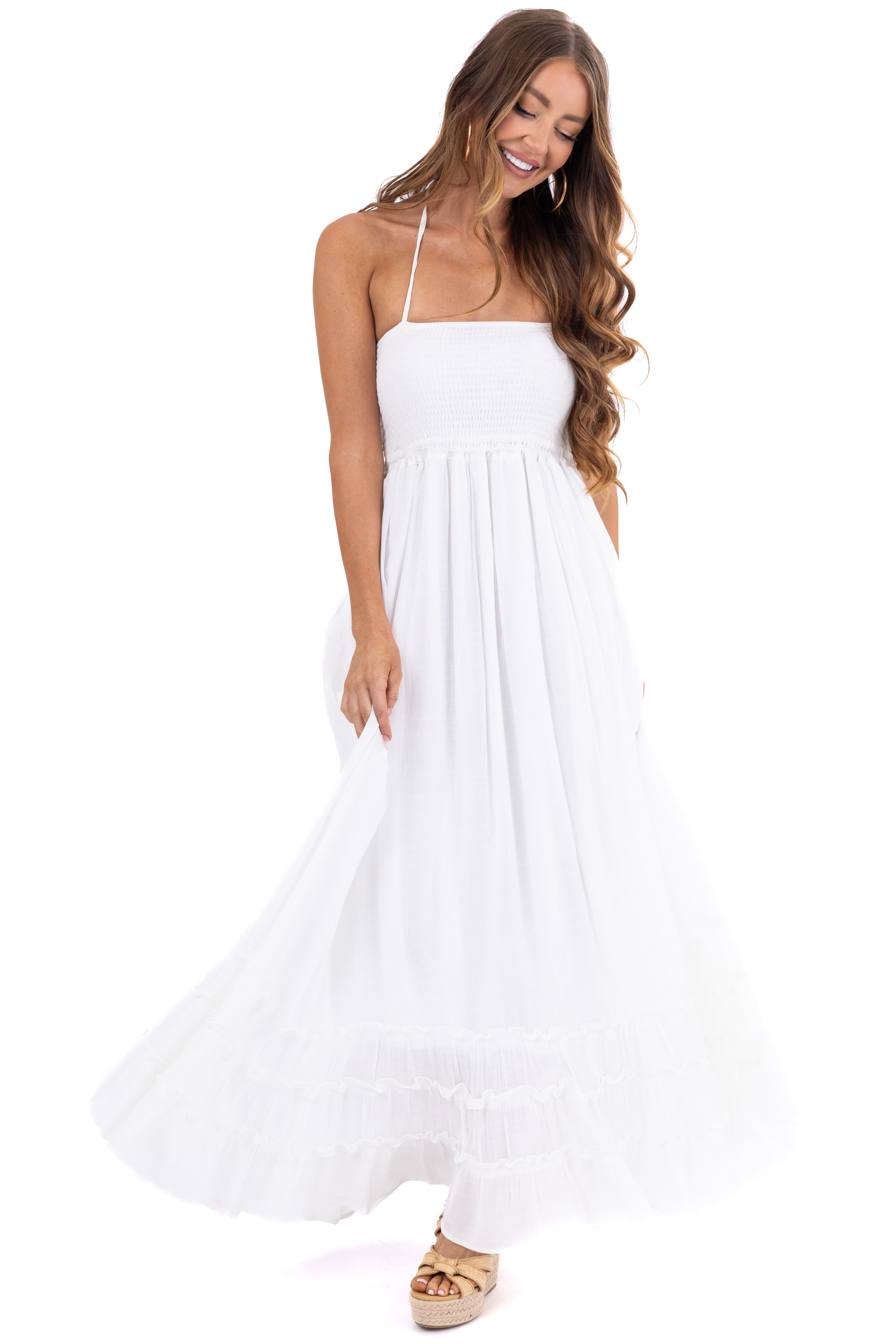 Off White Ruffle Bottom Sleeveless Maxi Dress-Newayad