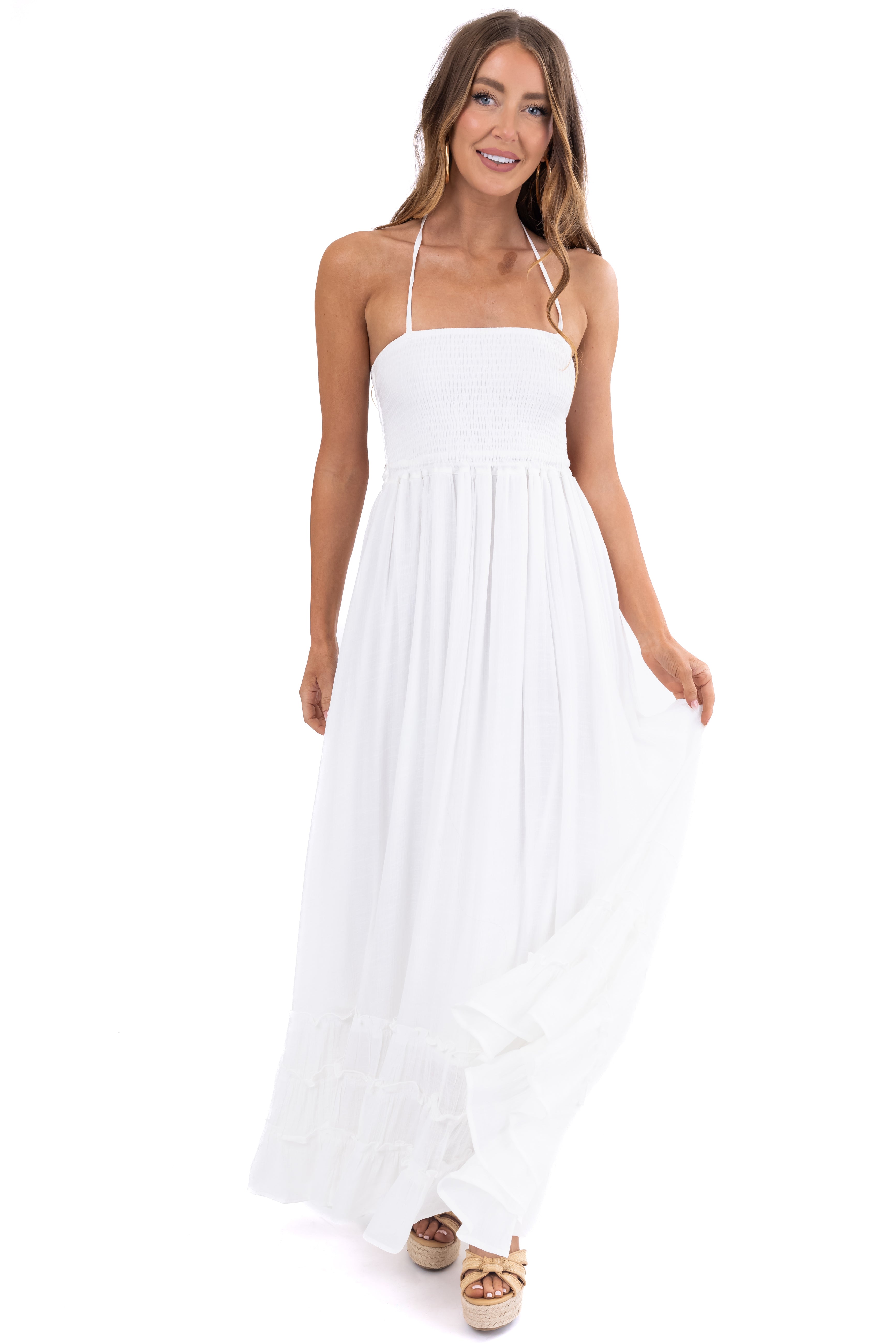 Off White Ruffle Bottom Sleeveless Maxi Dress-Newayad