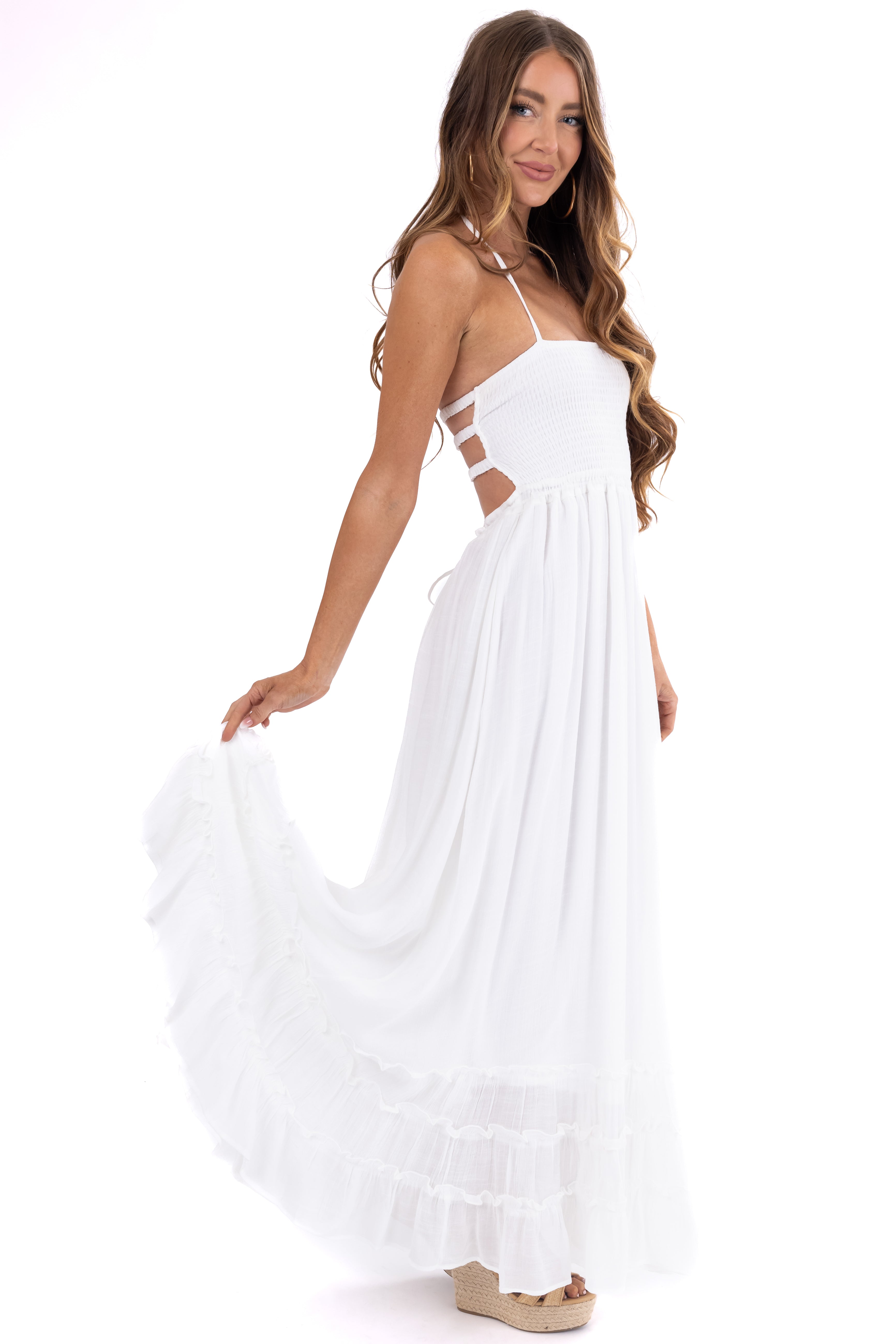 Off White Ruffle Bottom Sleeveless Maxi Dress-Newayad