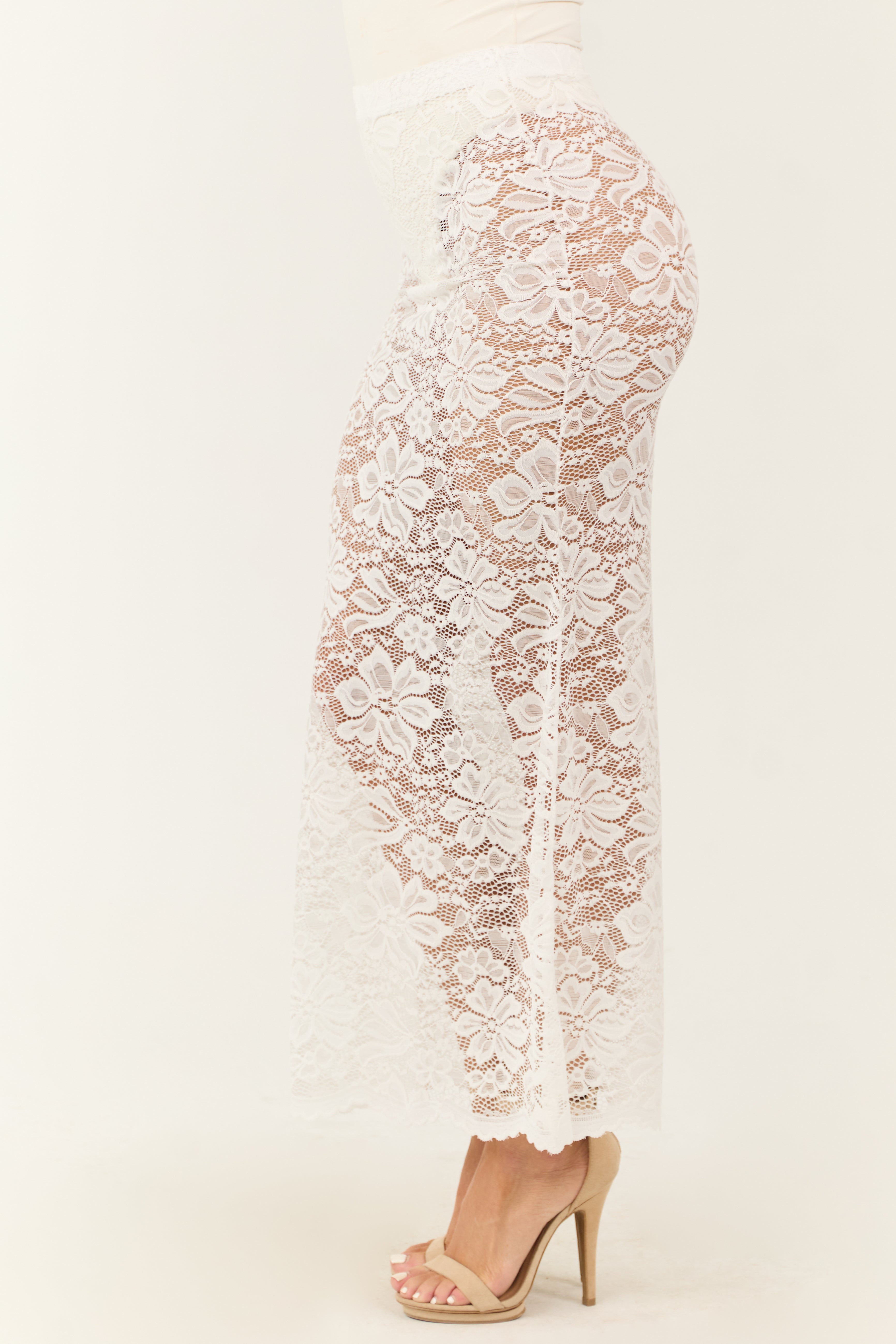 Off White Sheer Floral Lace Slight Flare Maxi Skirt-Newayad