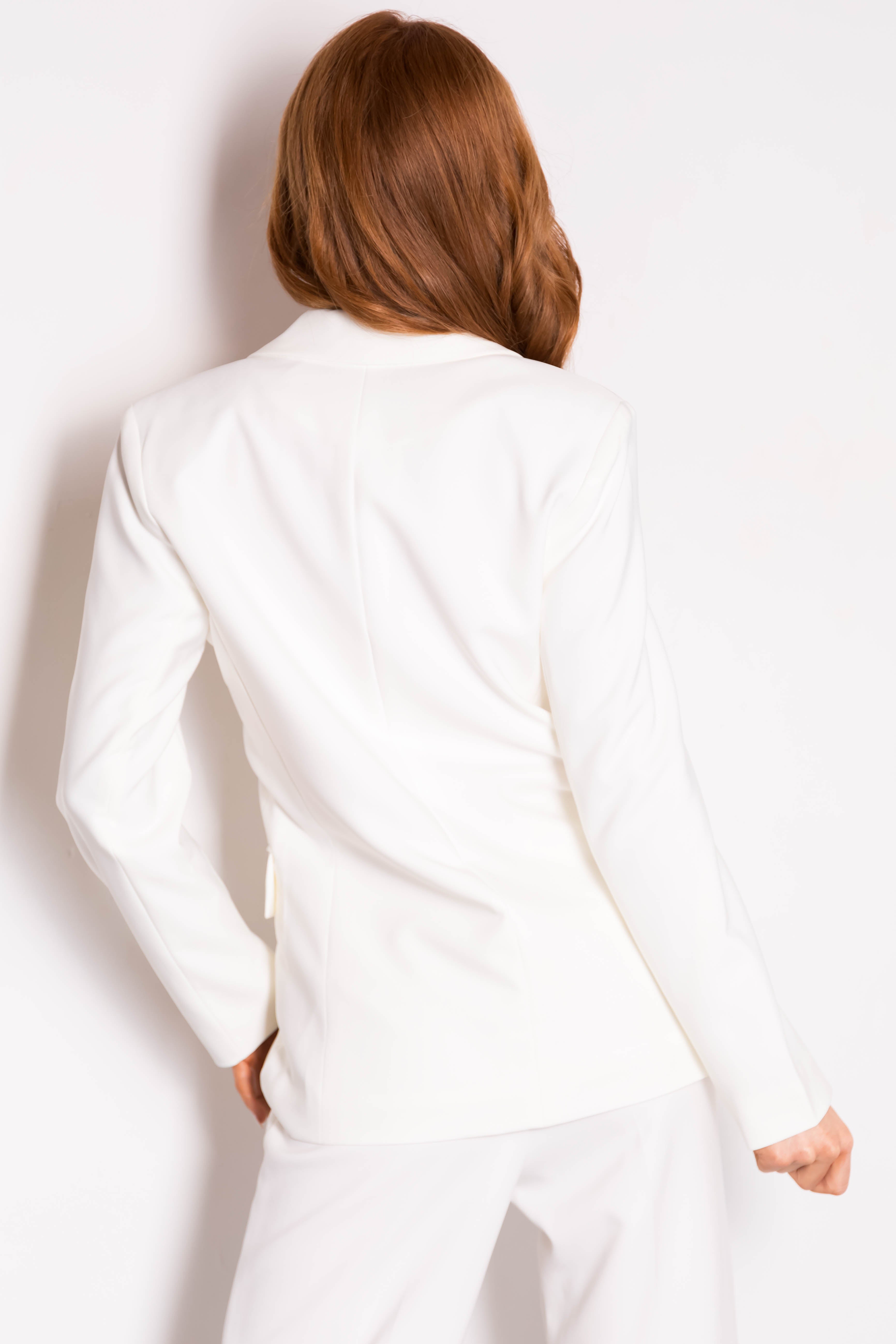 Off White Solid Double Button Long Blazer-Newayad